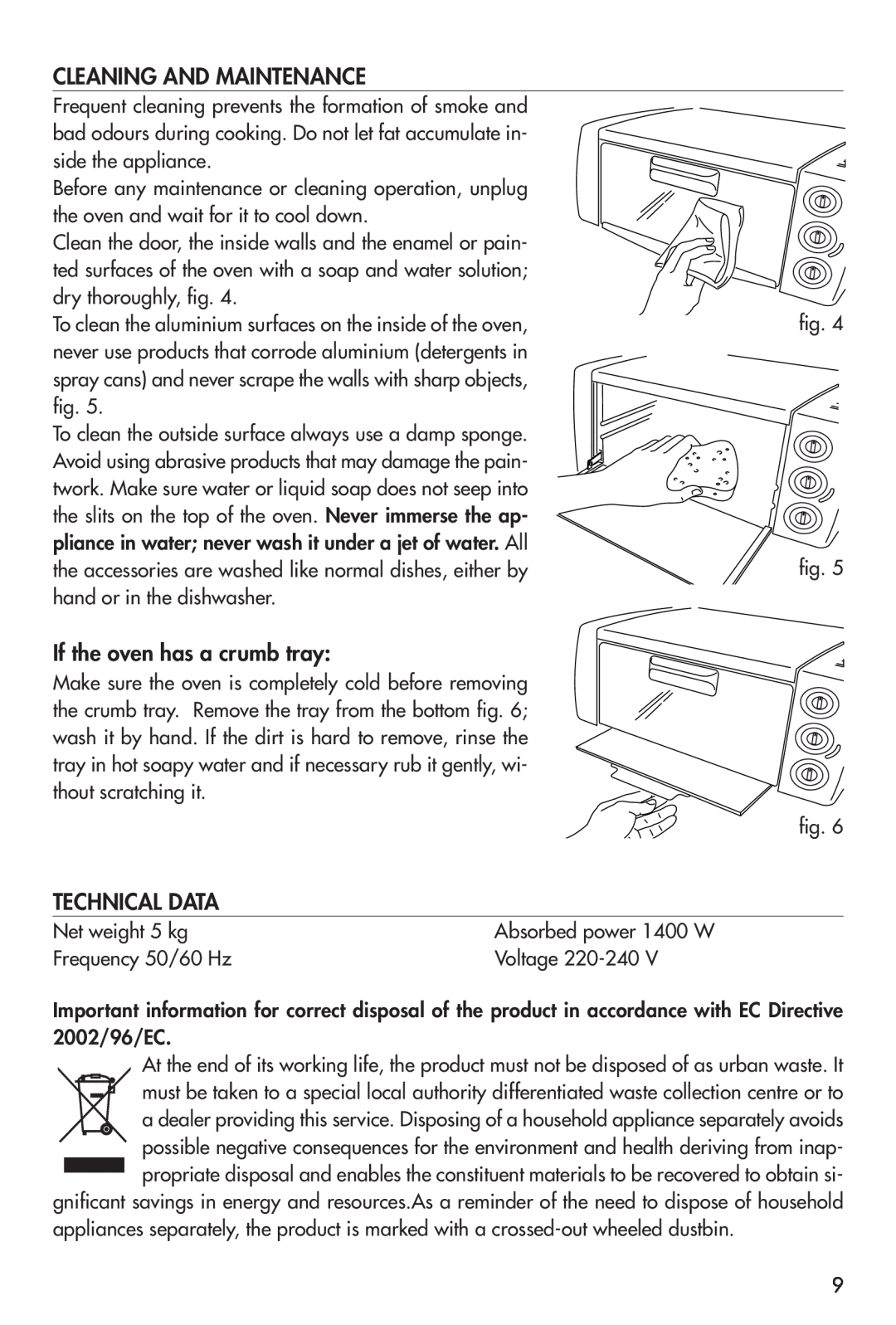 DeLonghi EO12001 manual Cleaning And Maintenance, If the oven has a crumb tray, Technical Data 