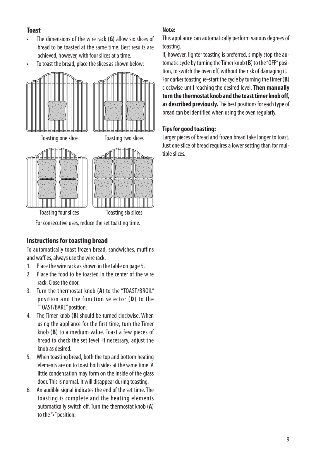 DeLonghi EO1270 Instructions for toasting bread, Toasting one slice, Toasting four slices, Tips for good toasting 