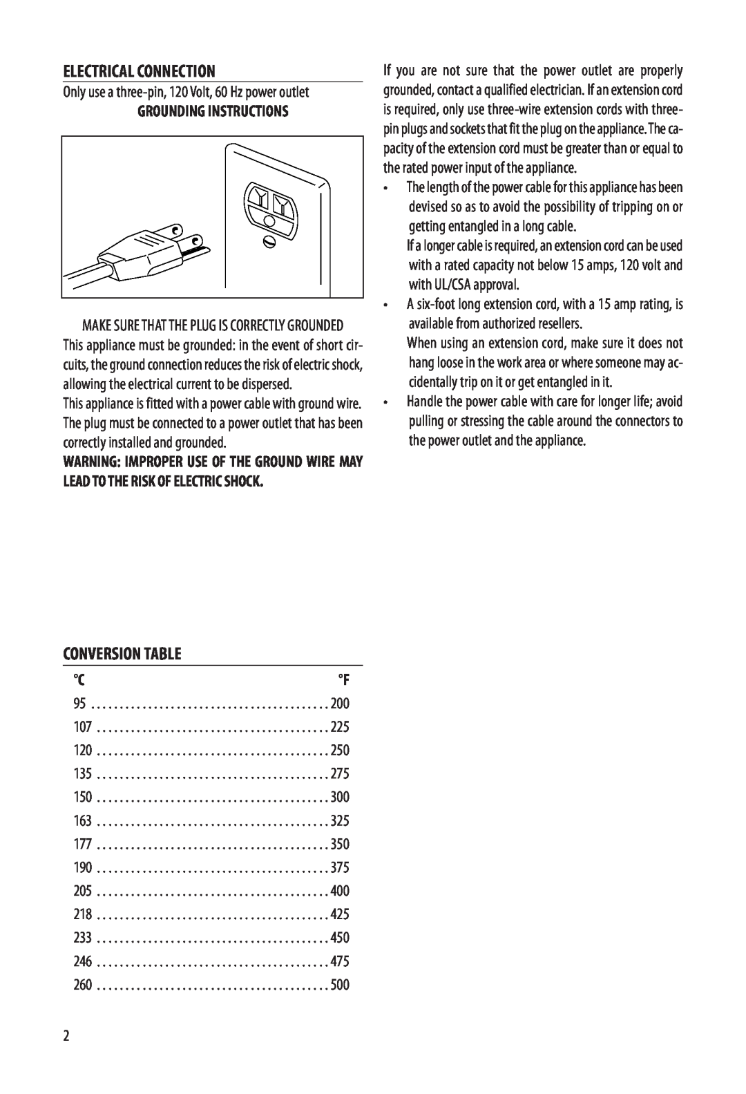 DeLonghi EO1270 1B specifications Electrical Connection, Conversion Table, Grounding Instructions 