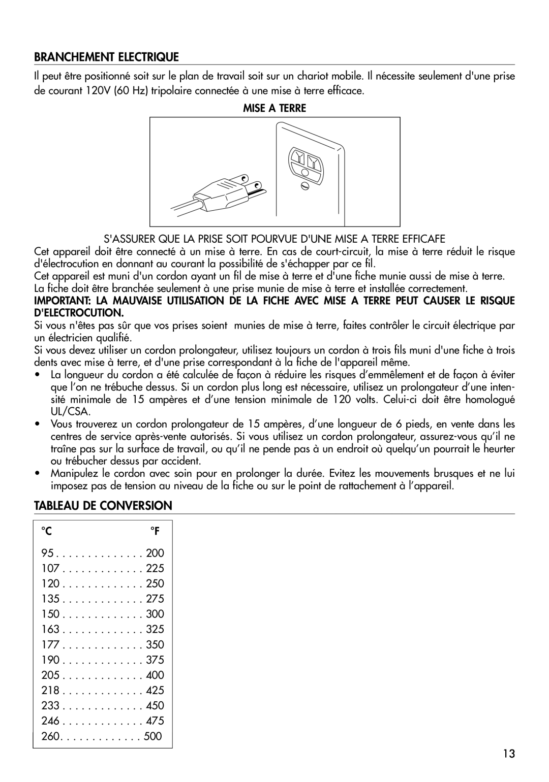 DeLonghi EO1270 B manual Branchement Electrique, Tableau De Conversion 