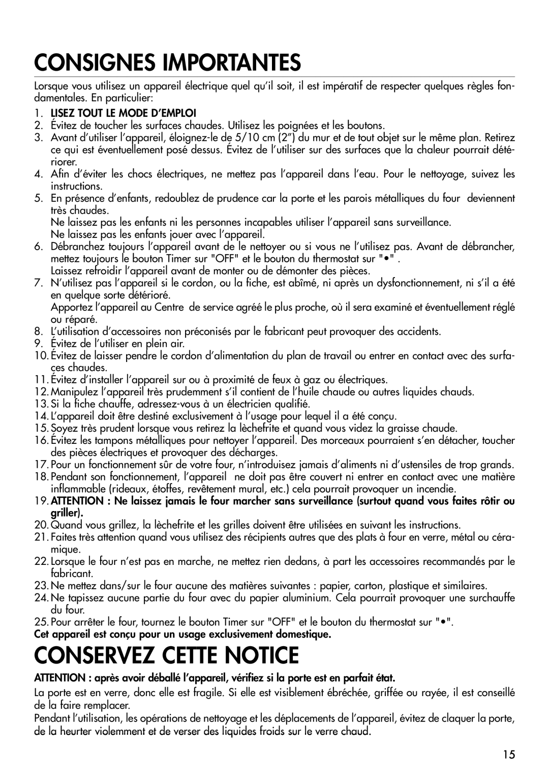 DeLonghi EO1270 B manual Consignes Importantes, Conservez Cette Notice 