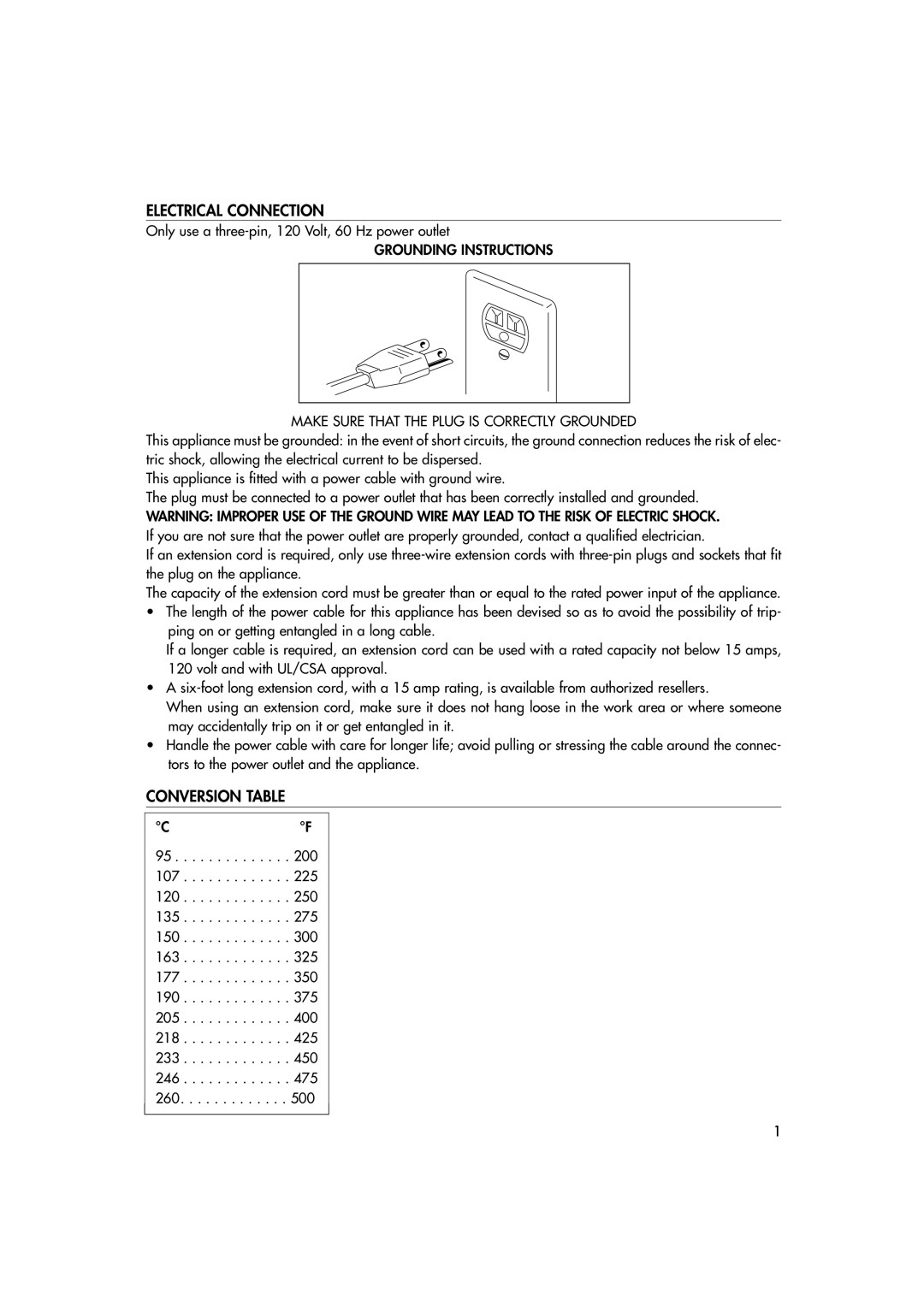 DeLonghi EO1270 B manual Electrical Connection, Conversion Table 