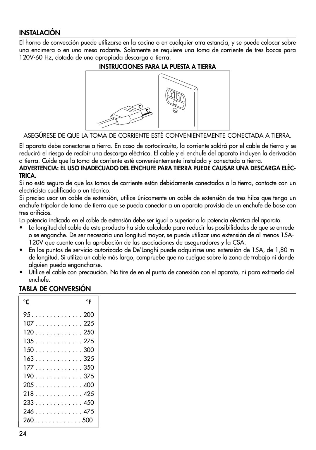DeLonghi EO1270 B manual Instalación, Tabla De Conversión 