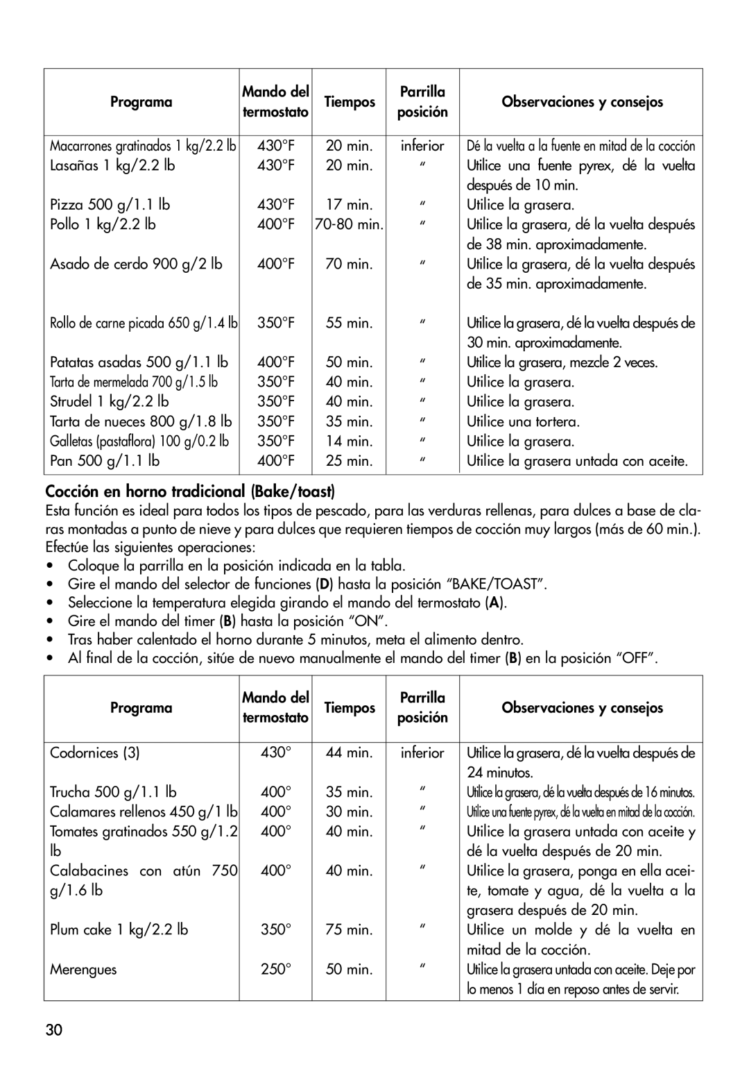 DeLonghi EO1270 B manual Cocción en horno tradicional Bake/toast 