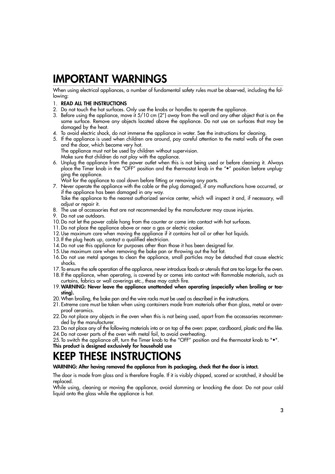 DeLonghi EO1270 B manual Important Warnings, Keep These Instructions 