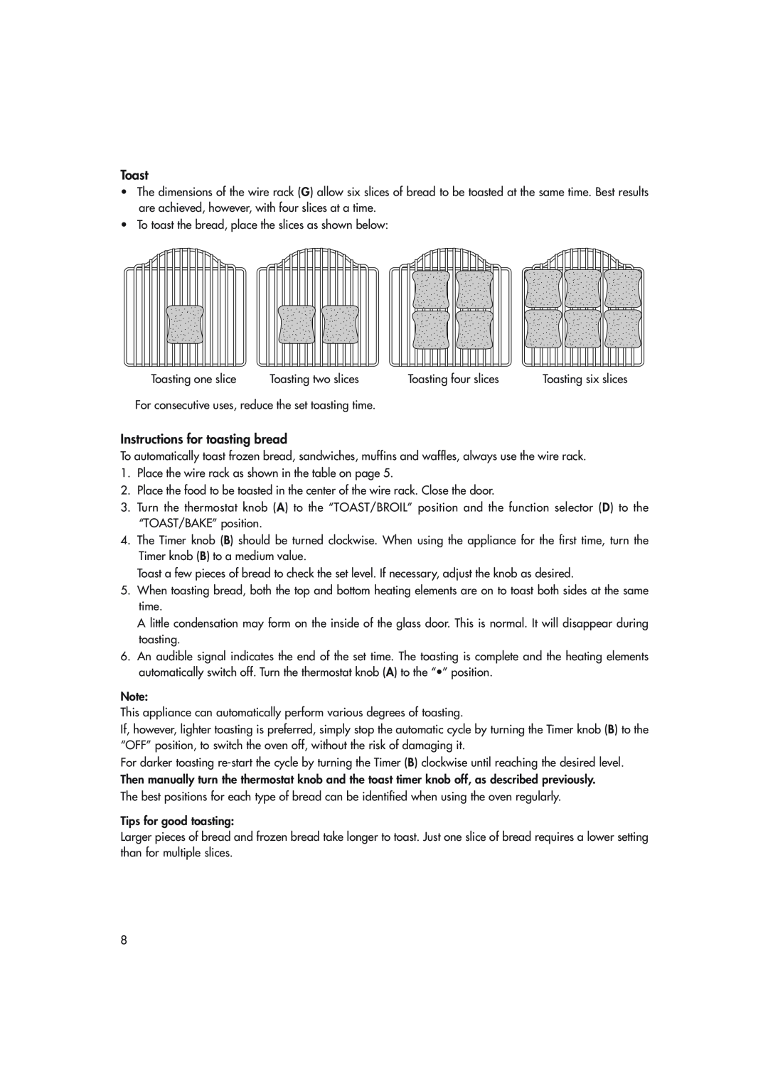 DeLonghi EO1270 B manual Toast, Instructions for toasting bread 