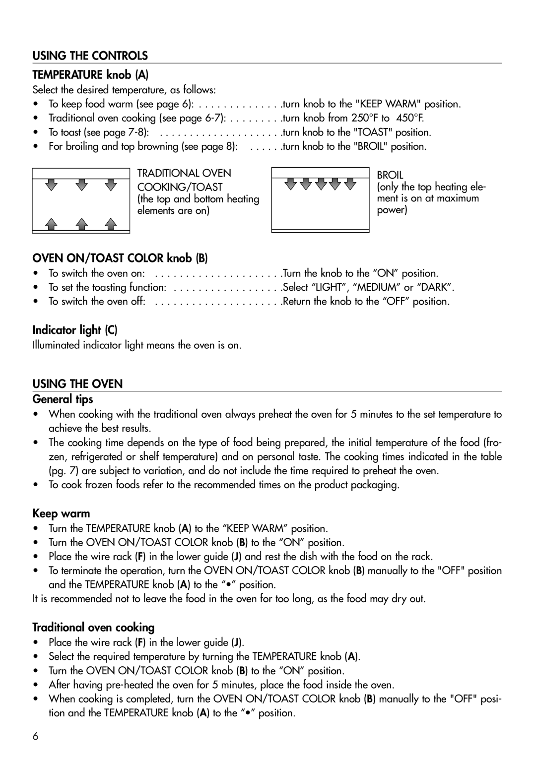 DeLonghi EO420 manual Using the Controls, Using the Oven 