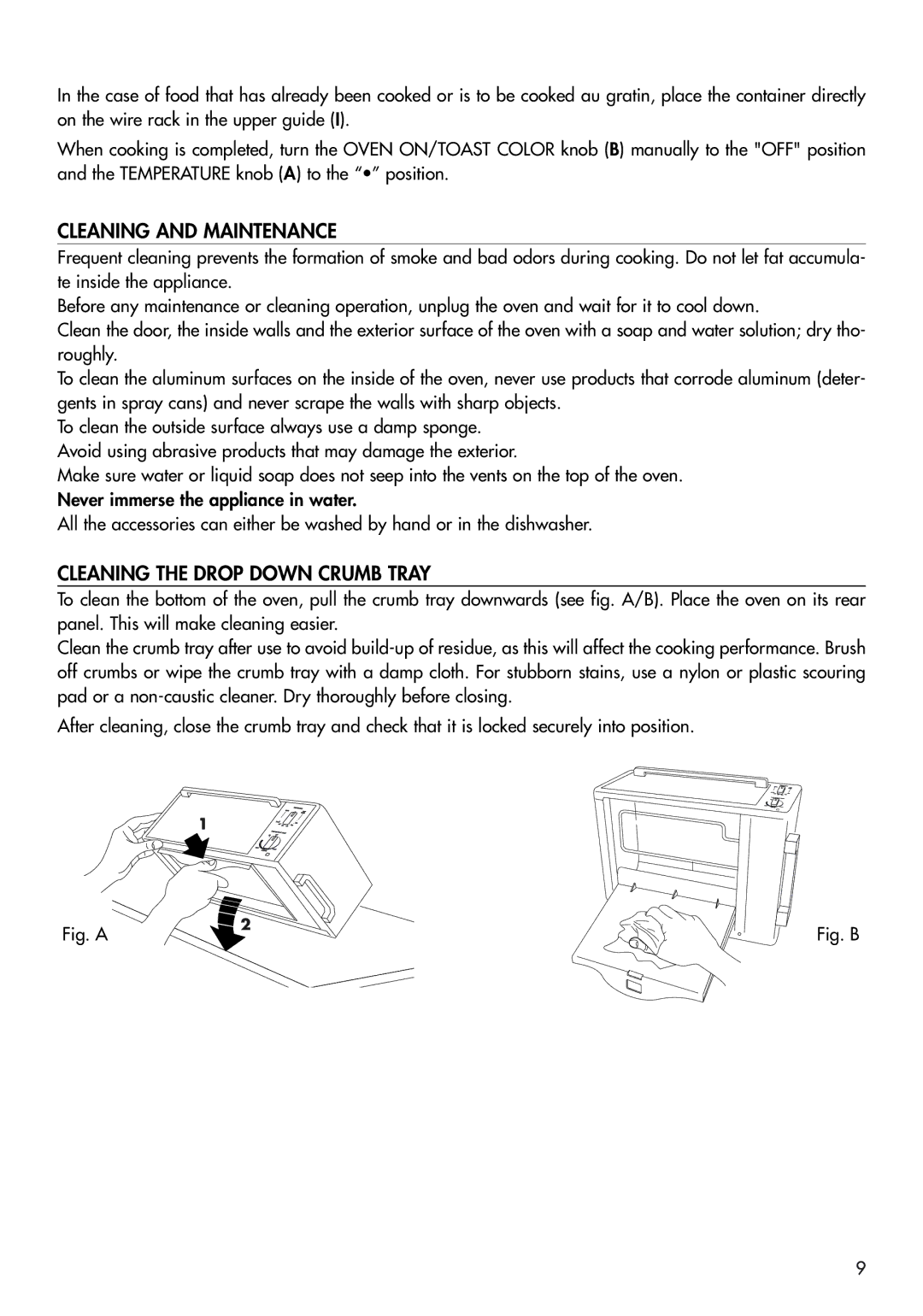 DeLonghi EO420 manual Cleaning and Maintenance, Cleaning the Drop Down Crumb Tray 