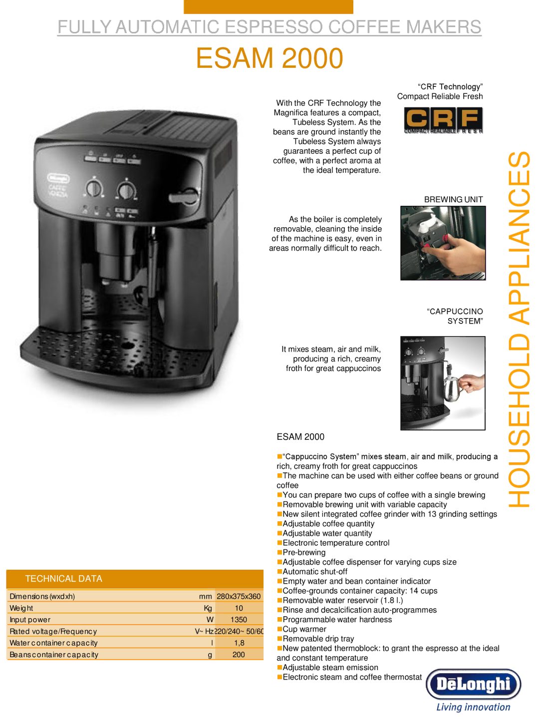 DeLonghi ESAM 2000 dimensions Esam, Technical Data, Brewing Unit, Cappuccino System 