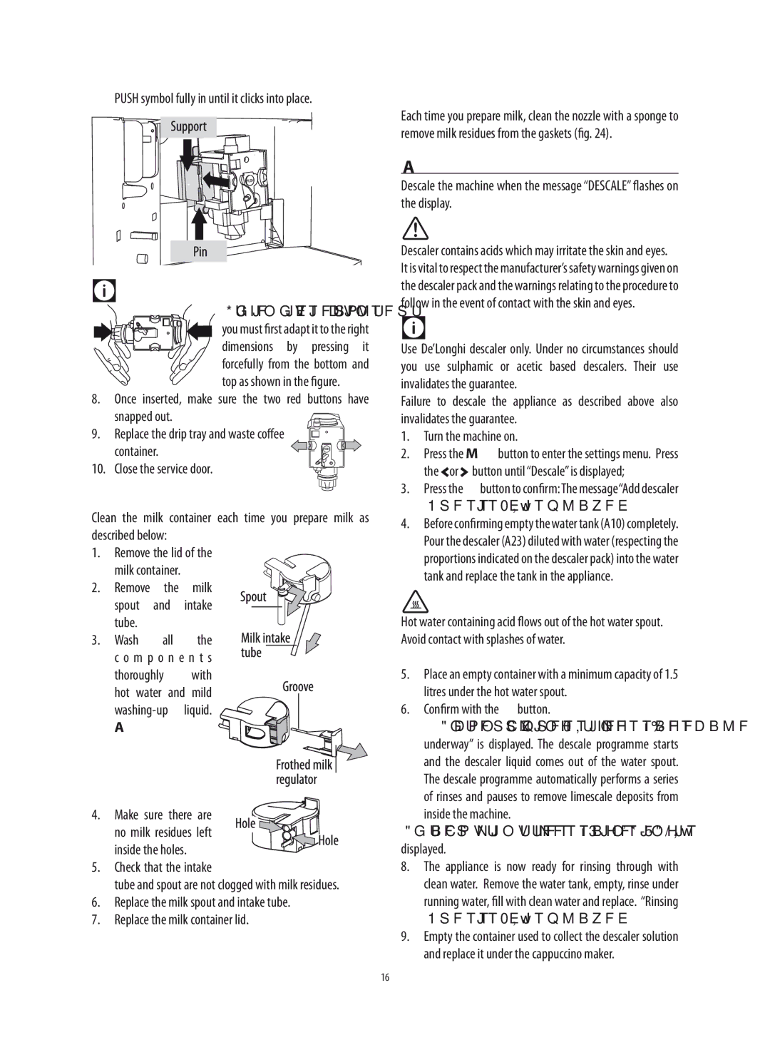 DeLonghi ESAM04.350 manual Descaling, Cleaning the milk container, Safe, Cleaning the hot water/steam nozzle 