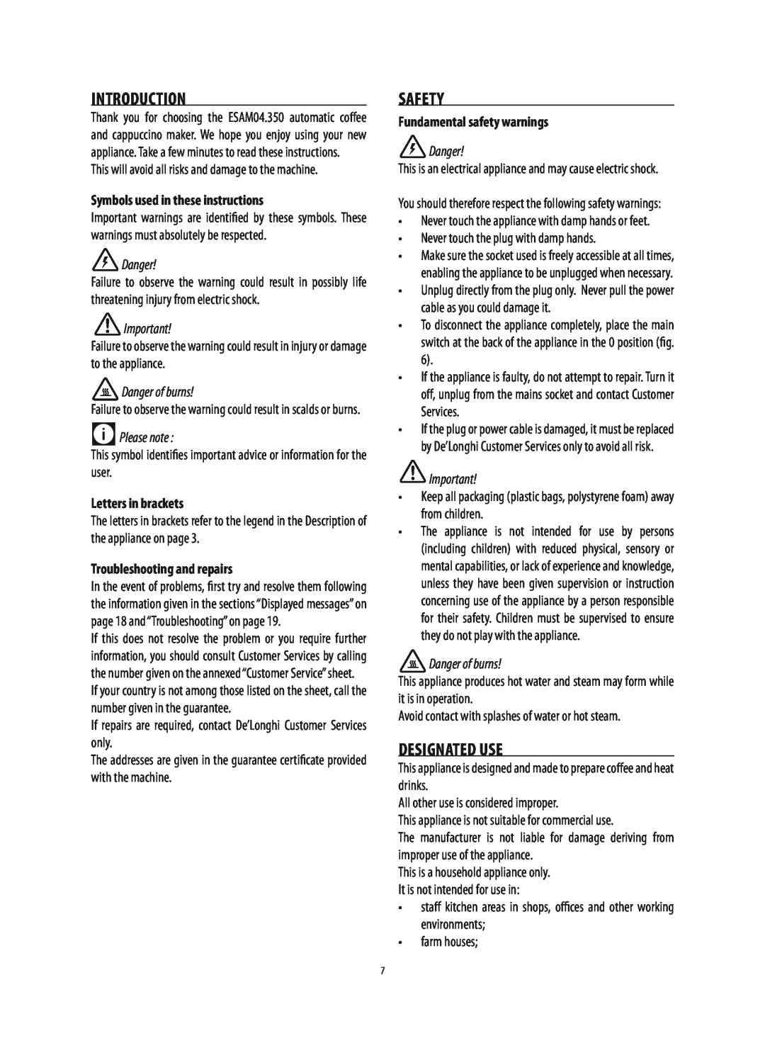 DeLonghi ESAM04.350 manual Introduction, Safety, Designated Use, Symbols used in these instructions, Danger of burns 
