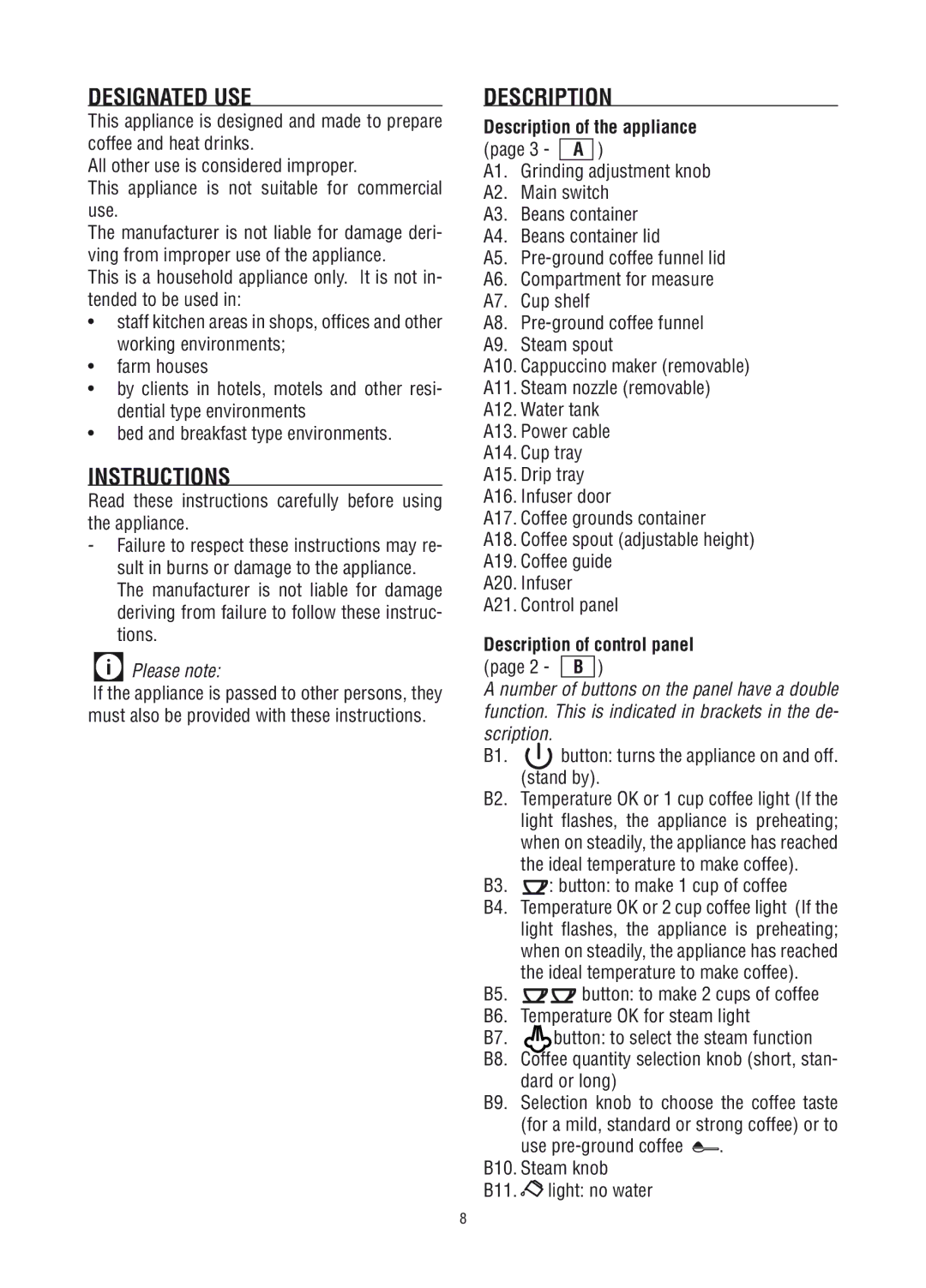 DeLonghi ESAM 2200, ESAM2800 Designated USE, Instructions, Description of the appliance, Description of control panel 