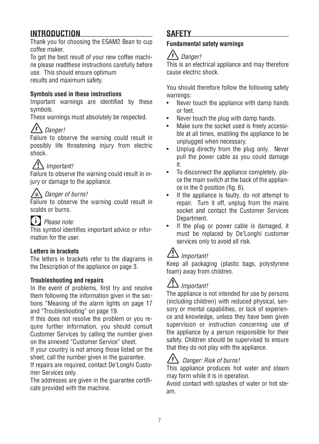 DeLonghi ESAM2800, ESAM 2200, ESAM2600 manual Introduction, Safety 