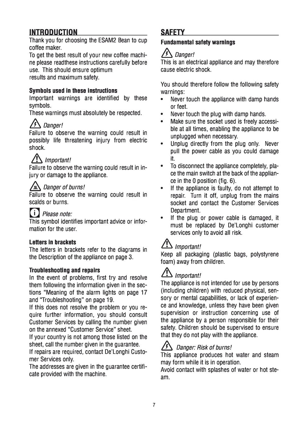 DeLonghi ESAM2800, ESAM 2200, ESAM2600 manual Introduction, Safety, Symbols used in these instructions, Letters in brackets 