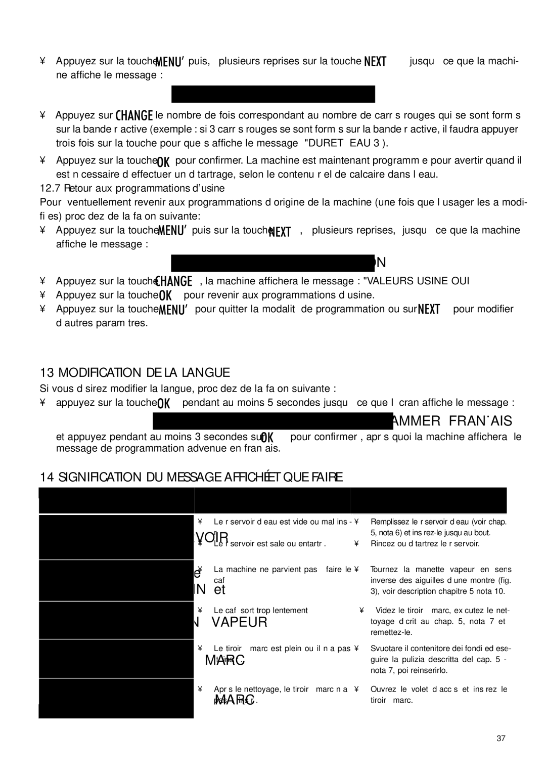 DeLonghi ESAM4400 Dureté EAU, PROGRAM. Usine NON, Modification DE LA Langue, Signification DU Message Affiché ET QUE Faire 