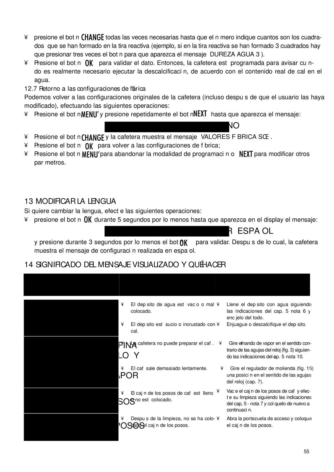 DeLonghi ESAM4400 manual Valores Fábrica no, Modificar LA Lengua, Significado DEL Mensaje Visualizado Y QUÉ Hacer 