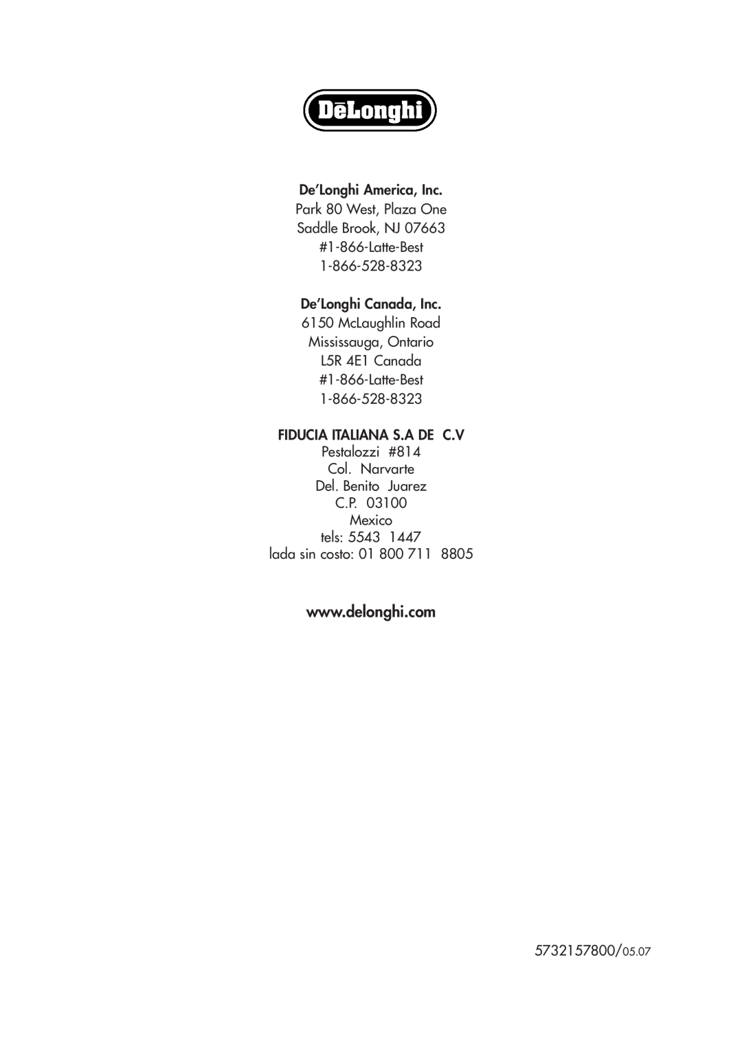 DeLonghi ESAM4400 manual De’Longhi America, Inc Park 80 West, Plaza One Saddle Brook, NJ, #1-866-Latte-Best 