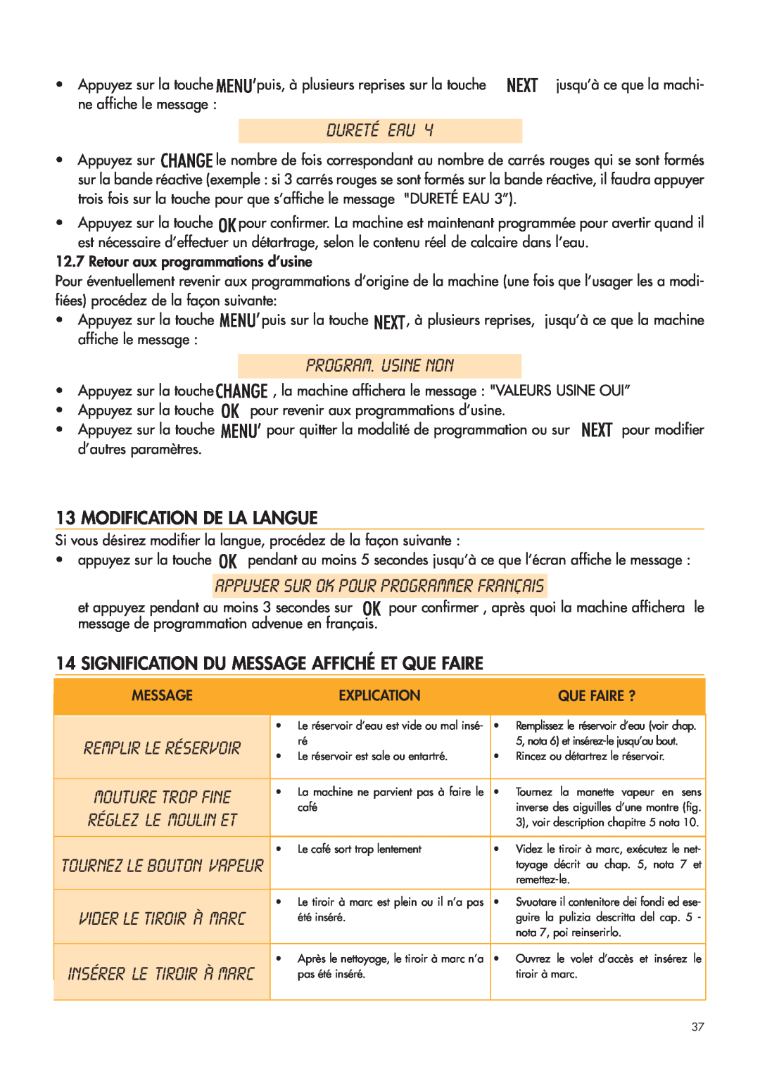 DeLonghi ESAM4400 manual Dureté Eau, Program. Usine Non, Appuyer Sur Ok Pour Programmer Français, Modification De La Langue 