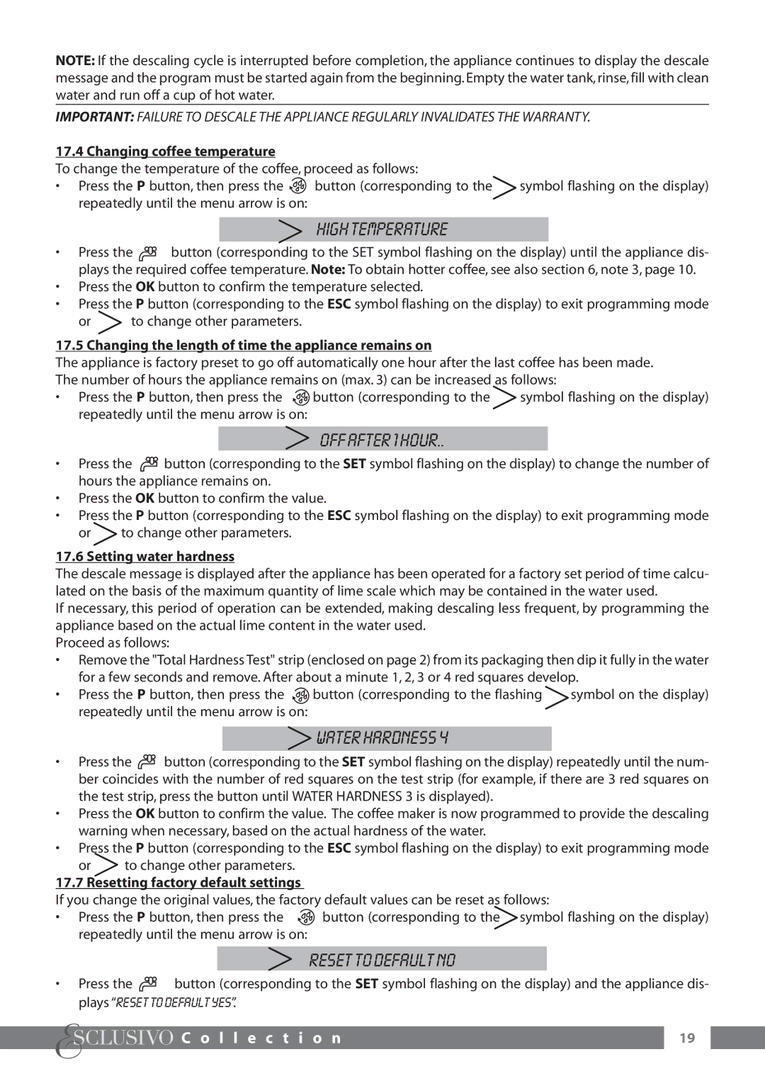 DeLonghi ESAM6600 manual High Temperature, OFF After 1 Hour, Water Hardness, Reset to Default no 