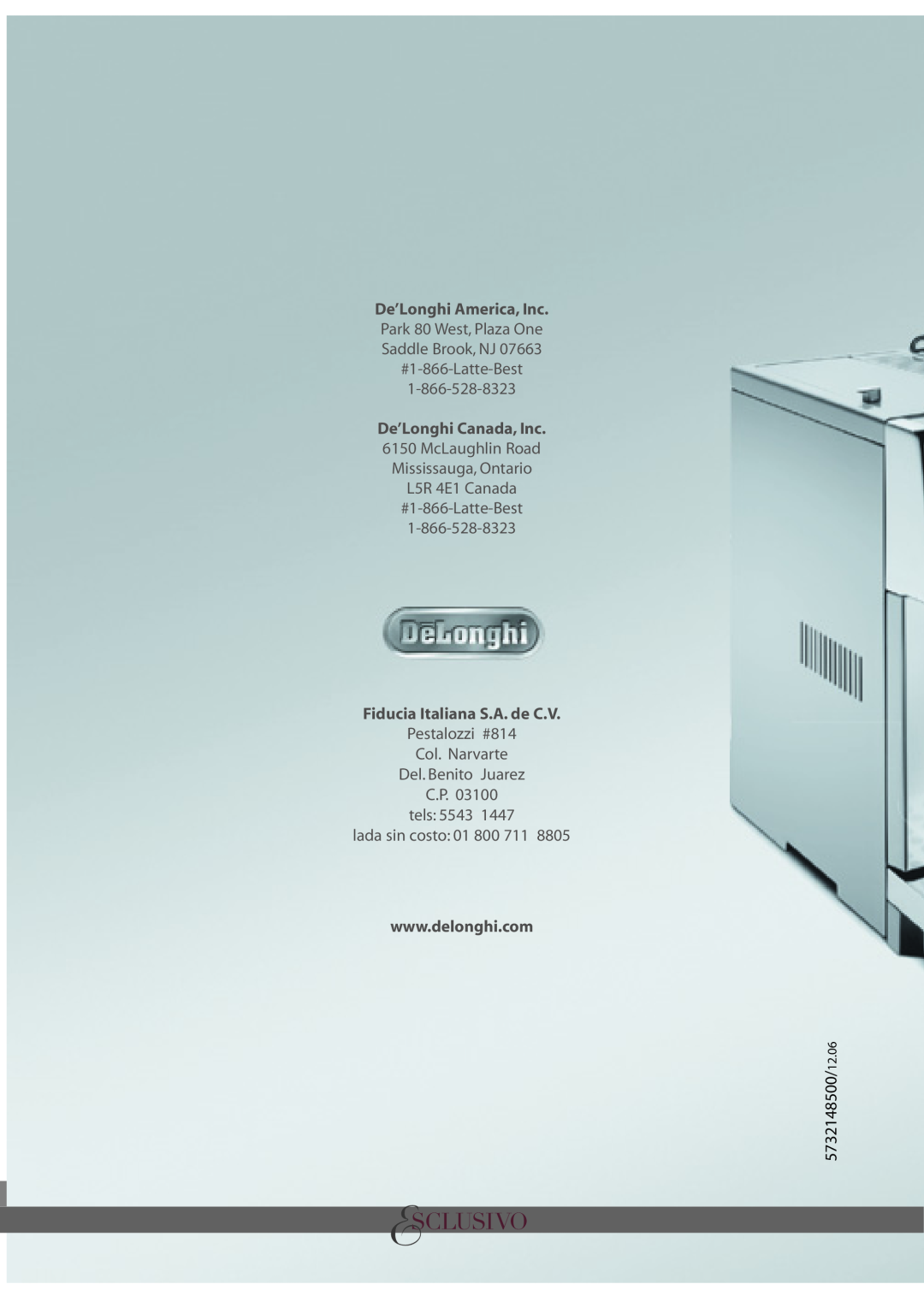DeLonghi ESAM6600 manual De’Longhi America, Inc, Park 80 West, Plaza One Saddle Brook, NJ, #1-866-Latte-Best, 12.06 