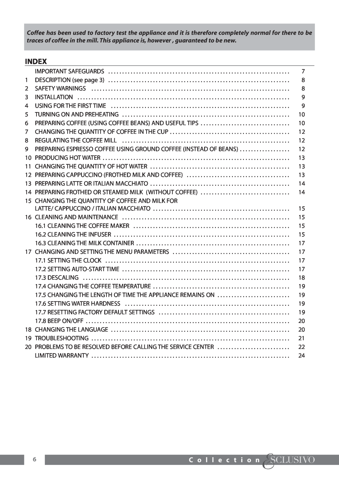 DeLonghi ESAM6600 manual Index, C o l l e c t i o n 