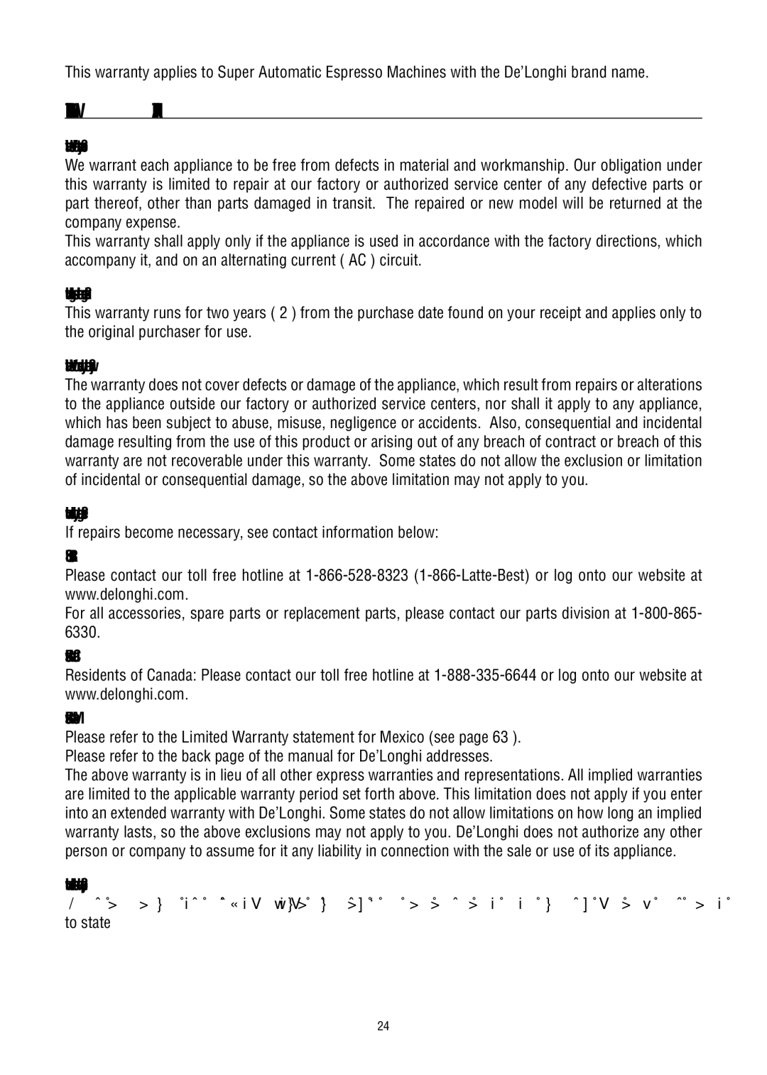 DeLonghi ESAM6700 What does the warranty cover?, How long does the coverage last?, What is not covered by the warranty? 