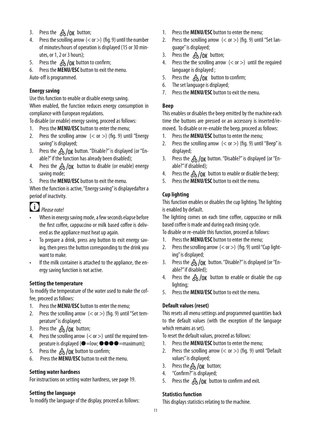 DeLonghi ETAM36.365 manual Energy saving, Setting the temperature, Setting water hardness, Setting the language, Beep 
