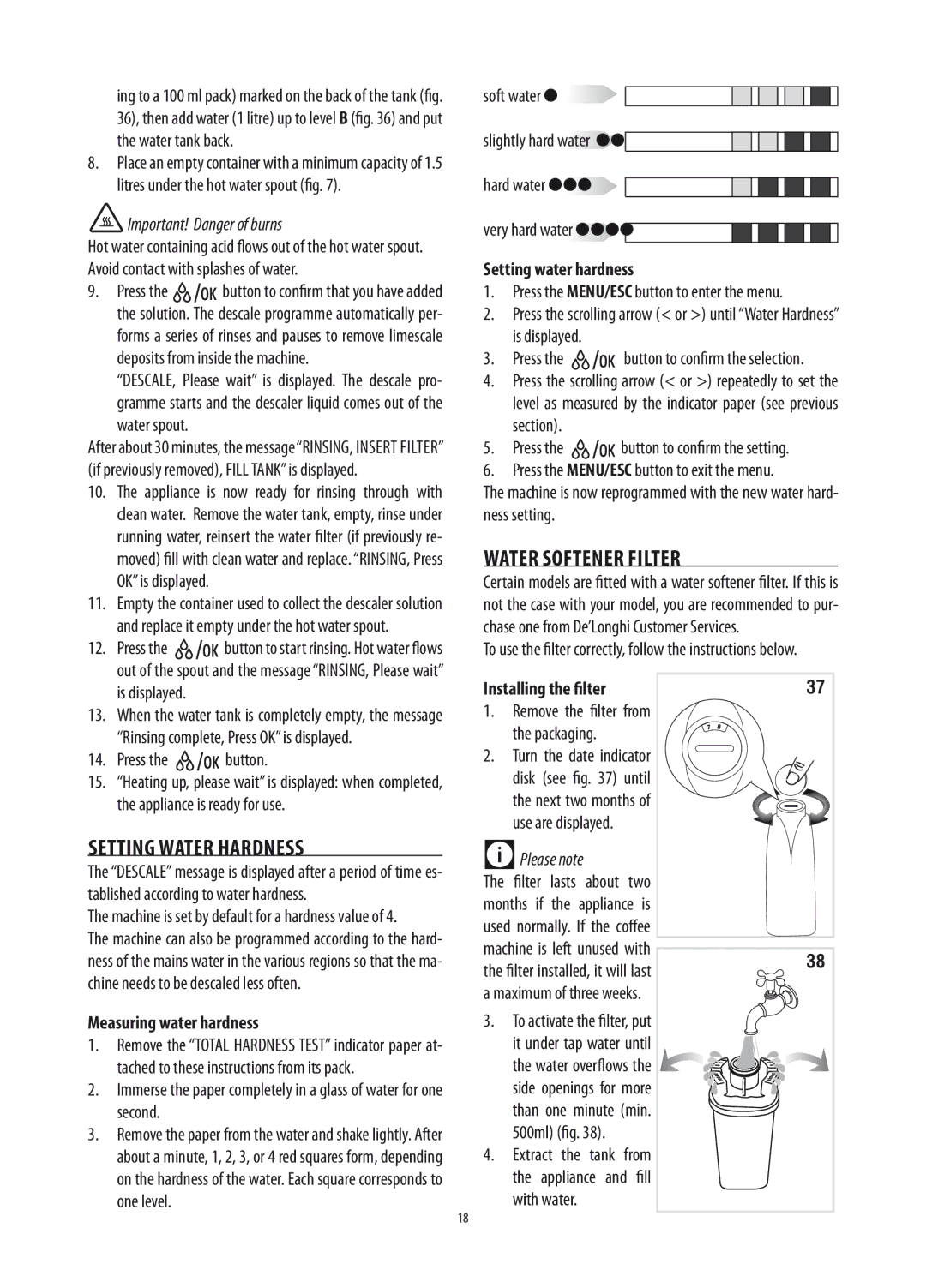 DeLonghi ETAM36.365 manual Setting Water Hardness, Water Softener Filter, Measuring water hardness, Installing the filter 