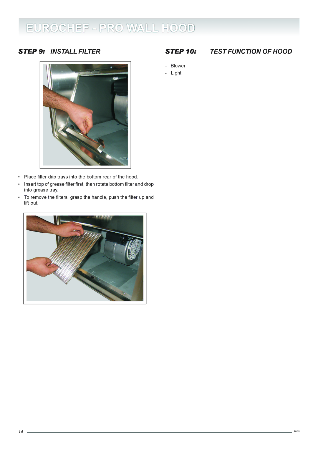 DeLonghi EUROCHEF - PRO installation instructions Install Filter Test Function of Hood 