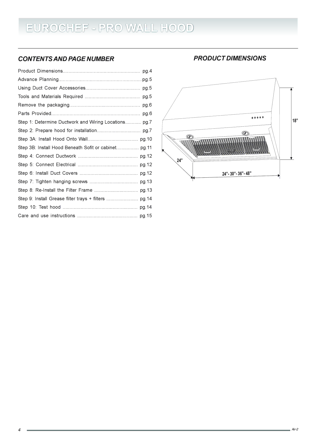 DeLonghi EUROCHEF - PRO installation instructions Contents and page Number, Product Dimensions 