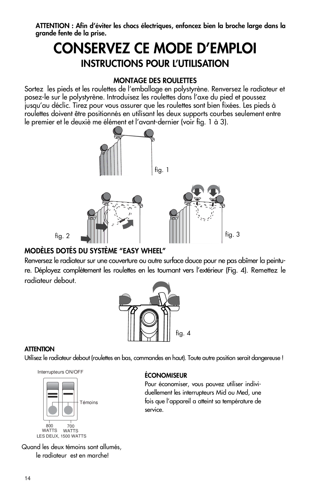 DeLonghi EW0715W manual Montage DES Roulettes, Modèles Dotés DU Système Easy Wheel, Économiseur 