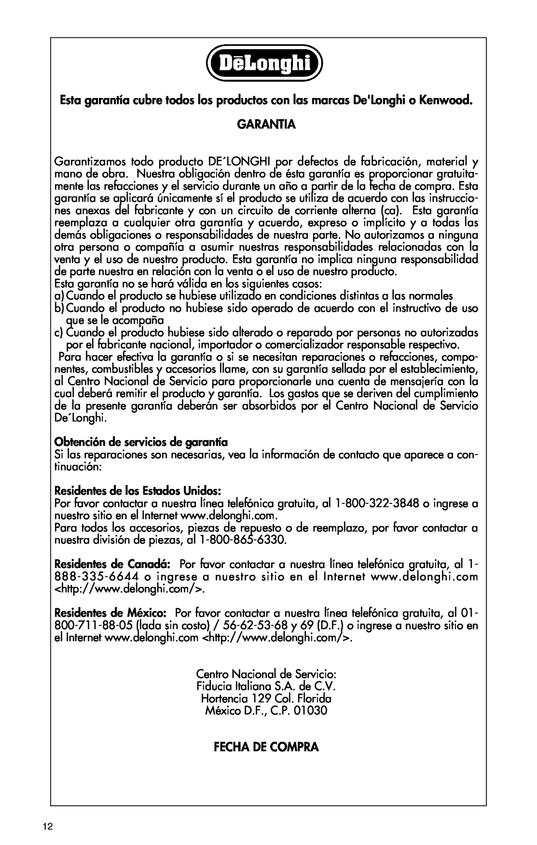 DeLonghi EW0715W manual Garantia, Fecha De Compra 