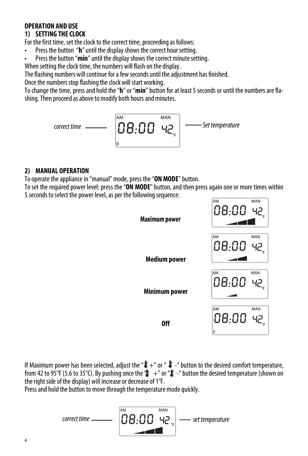 DeLonghi EW7507EBL Operation and USE Setting the Clock, Manual Operation, Maximum power Medium power Minimum power Off 