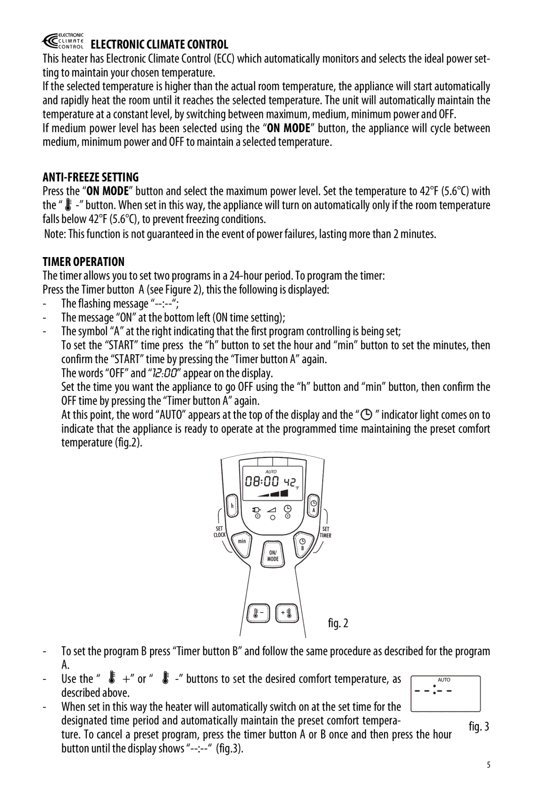 DeLonghi EW7507EBL manual Electronic Climate Control, ANTI-FREEZE Setting, Timer Operation 