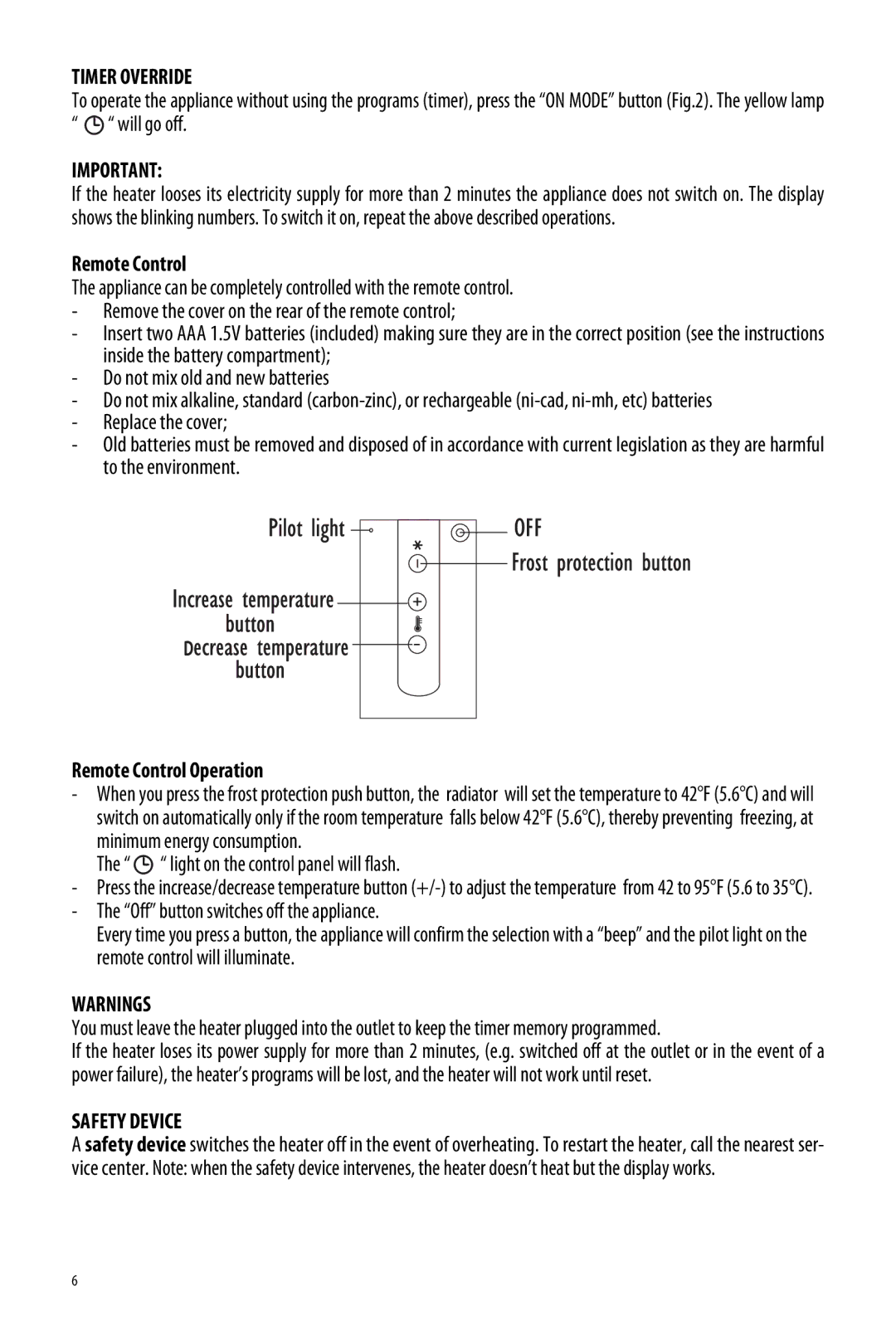 DeLonghi EW7507EBL Timer Override, Remote Control Operation, Light on the control panel will flash, Safety Device 