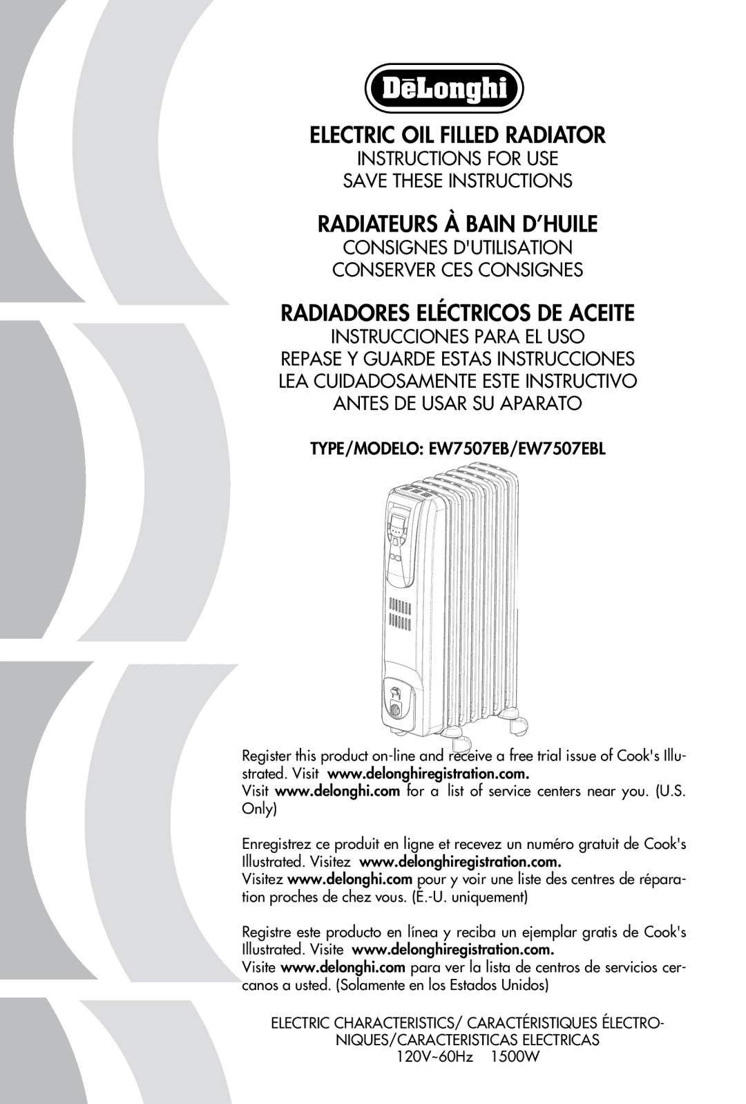 DeLonghi EW7507EBL manual Electric OIL Filled Radiator 