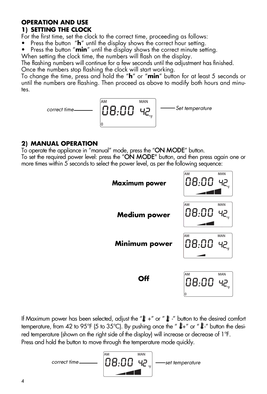 DeLonghi EW7507EBL manual Operation and USE 1 Setting the Clock, Manual Operation 