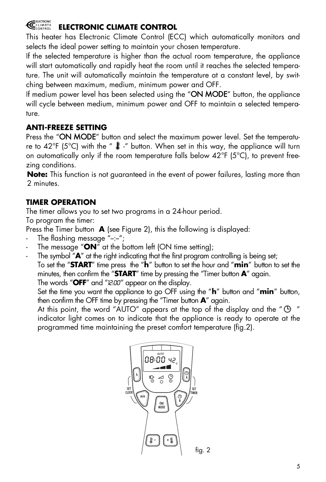 DeLonghi EW7507EBL manual Electronic Climate Control, ANTI-FREEZE Setting, Timer Operation 