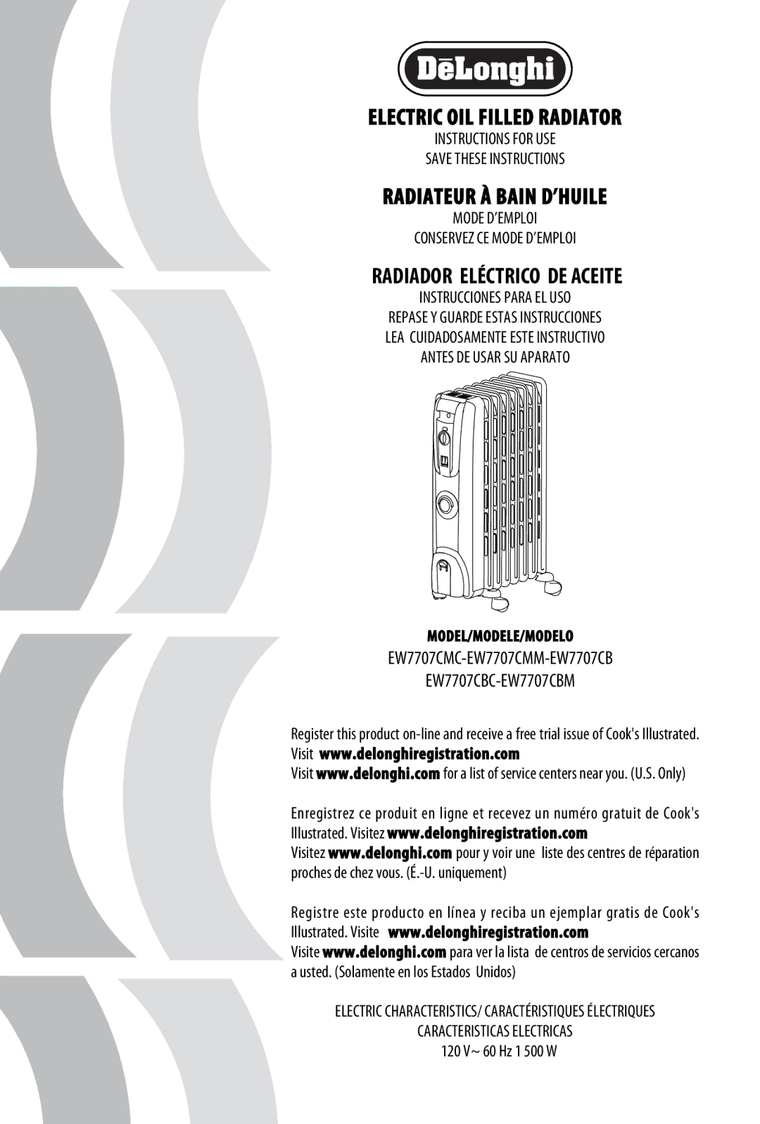 DeLonghi EW7707CMC, EW7707CB manual Electric OIL Filled Radiator, Radiateur À Bain D’HUILE, Radiador Eléctrico DE Aceite 