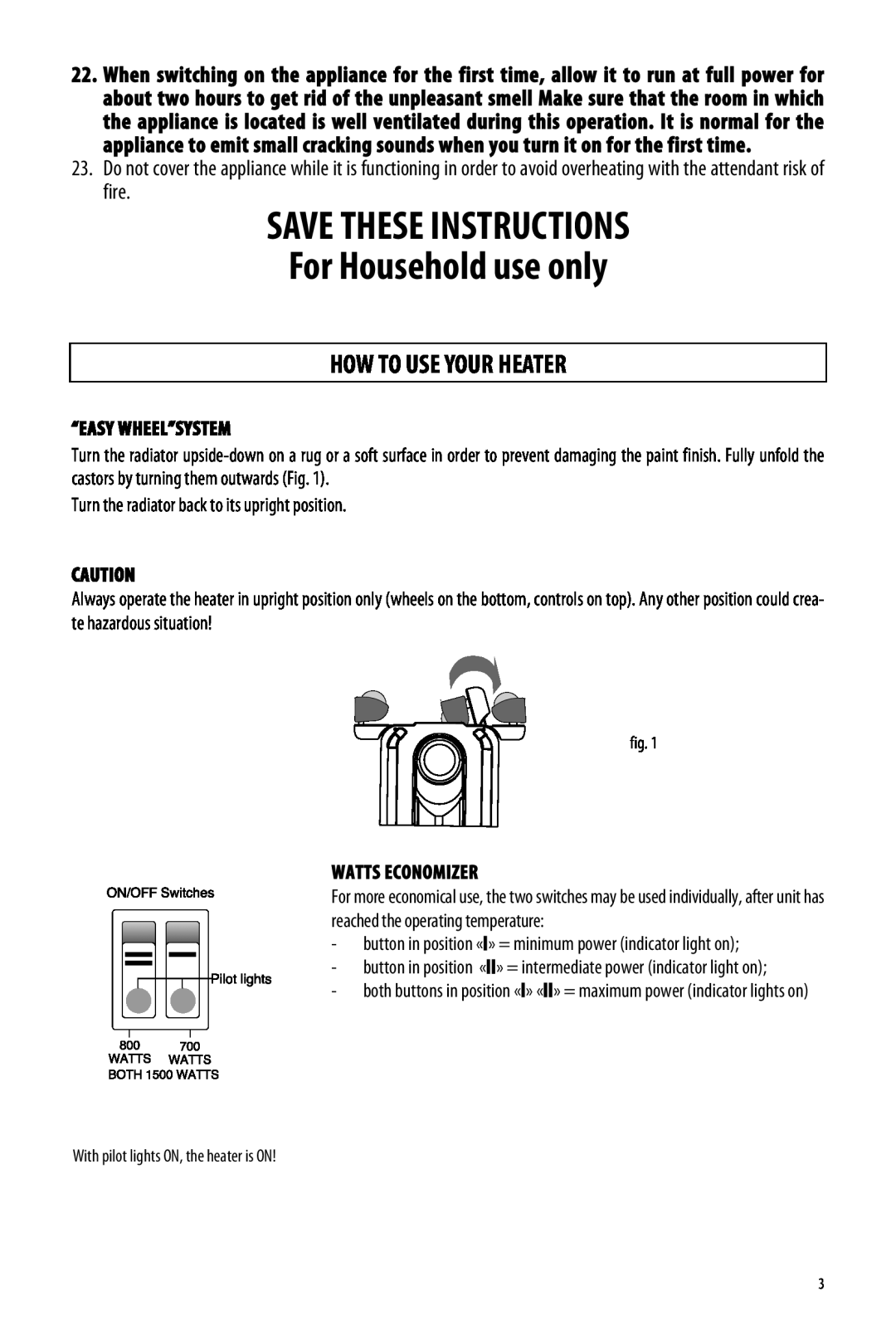 DeLonghi EW7707CBC, EW7707CMC SAVE THESE INSTRUCTIONS For Household use only, How To Use Your Heater, “Easy Wheel”System 