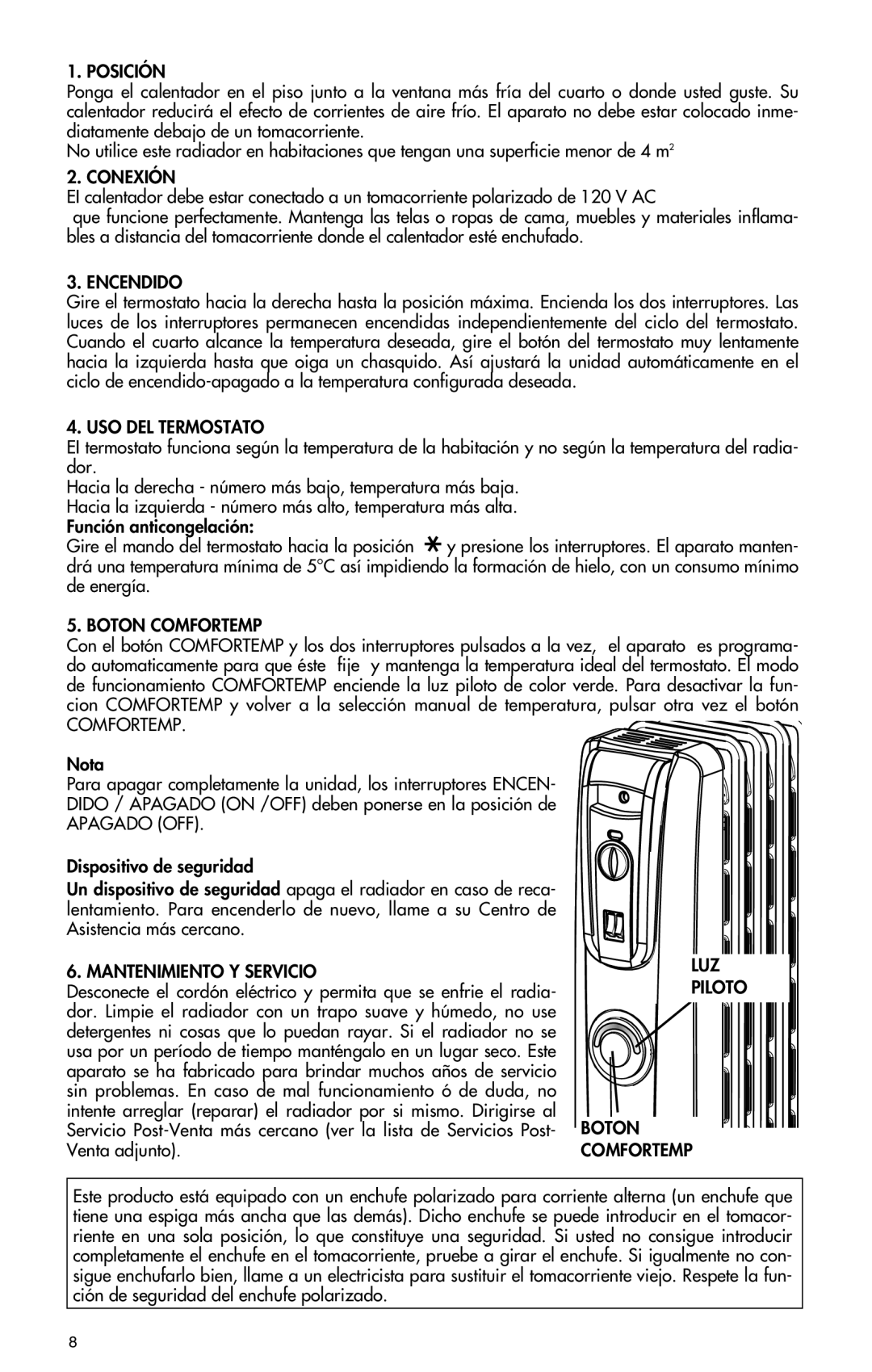 DeLonghi EW7707CM manual Posición, Conexión, Encendido, USO DEL Termostato, Boton Comfortemp, Mantenimiento Y Servicio, Luz 