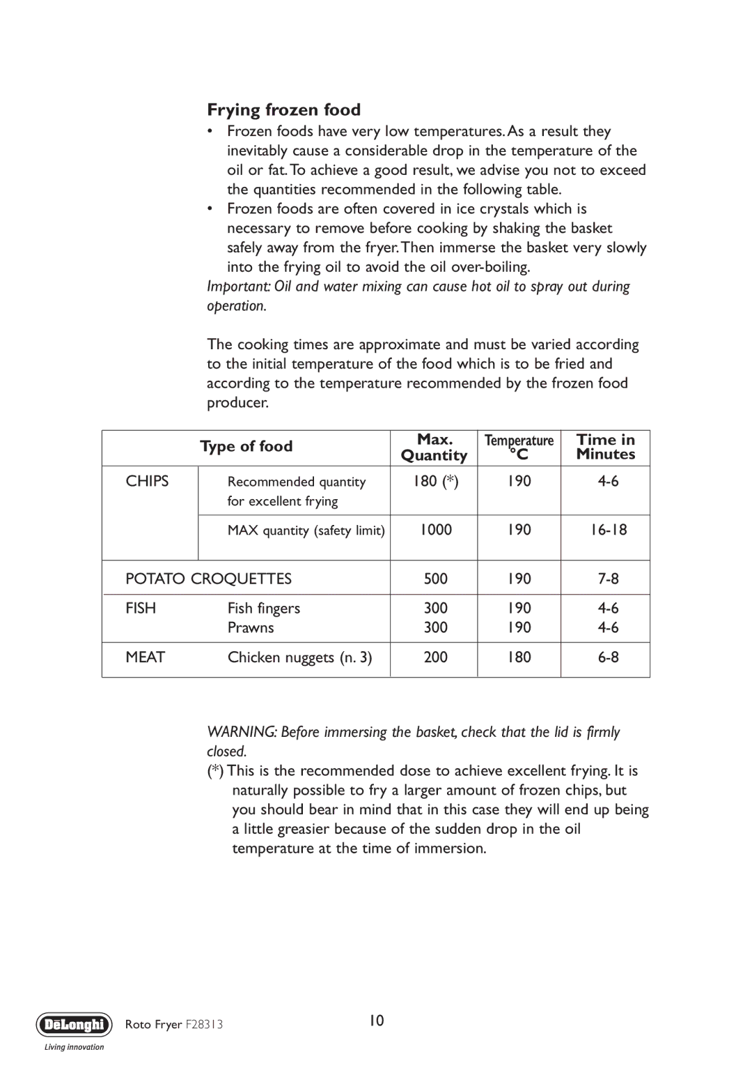 DeLonghi F28313 manual Frying frozen food 