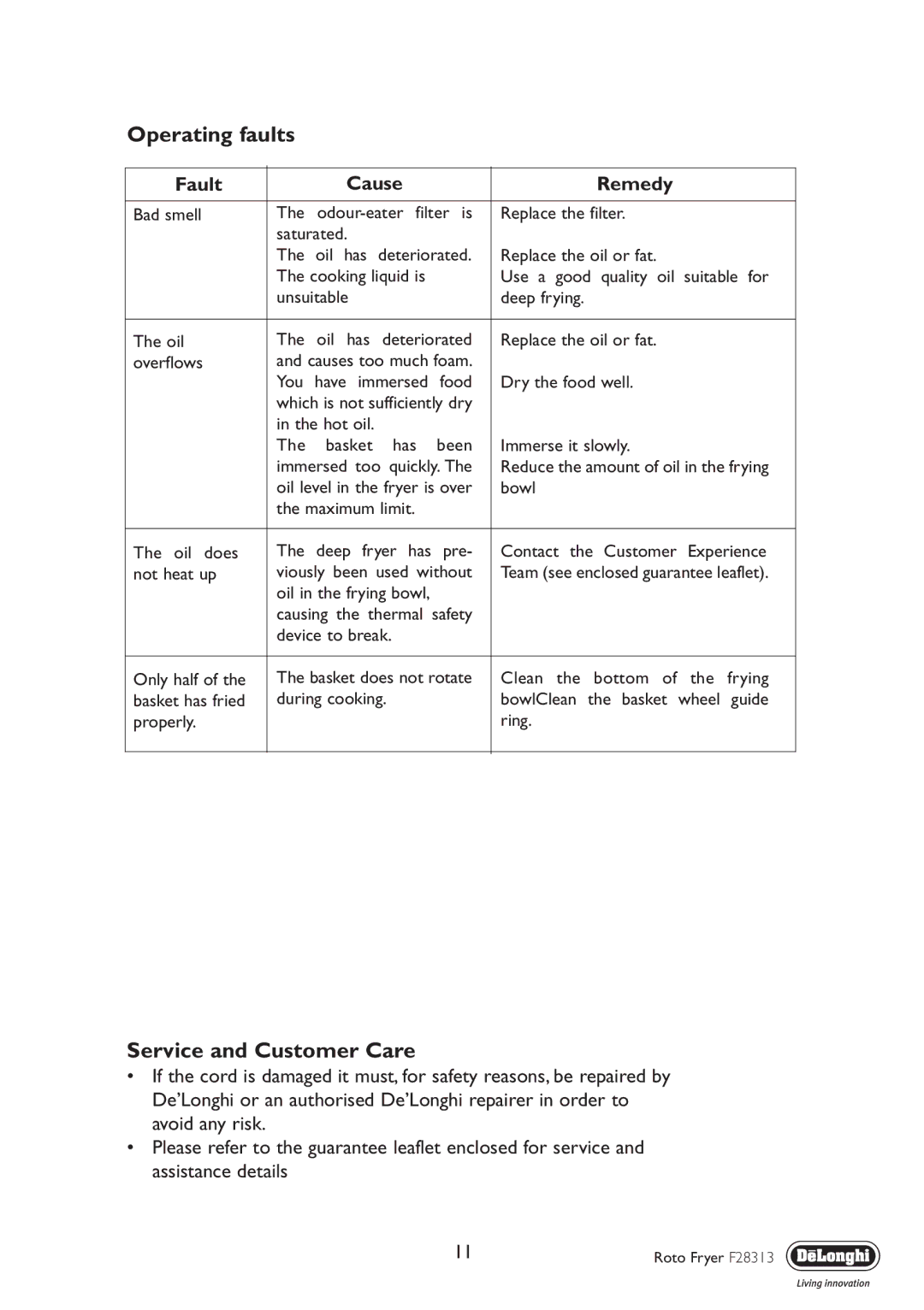 DeLonghi F28313 manual Operating faults, Service and Customer Care 