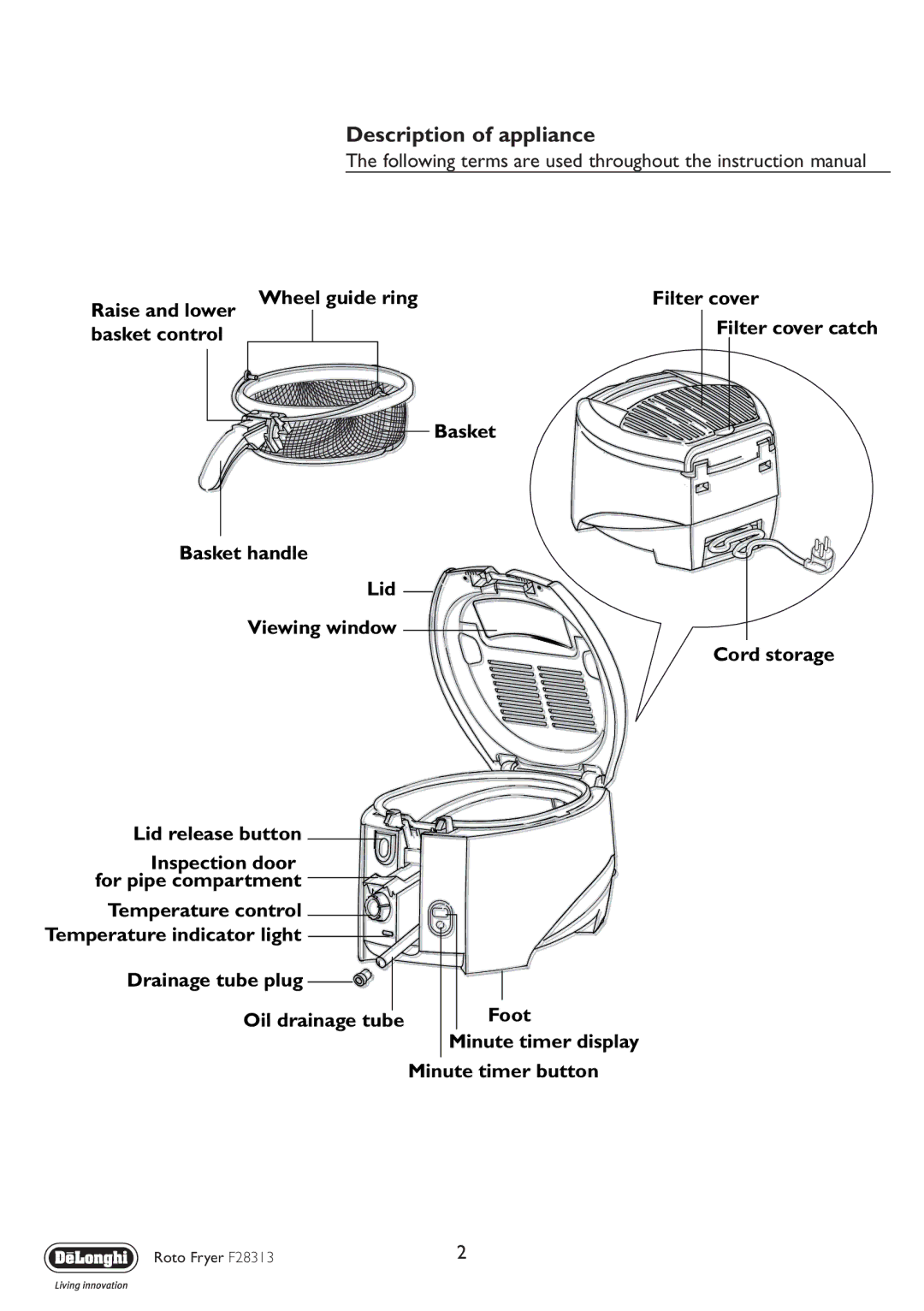 DeLonghi F28313 manual Description of appliance 