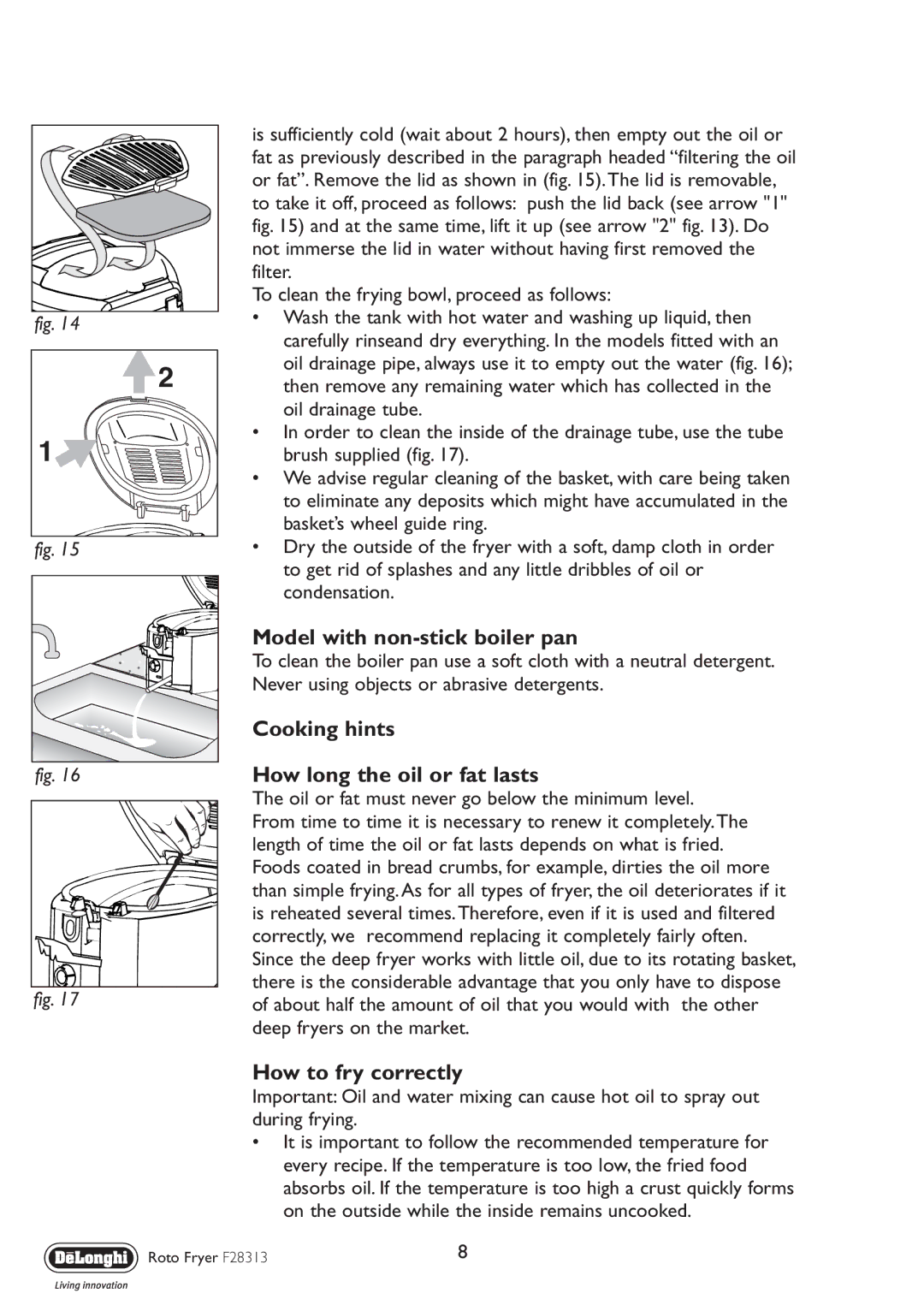 DeLonghi F28313 manual Model with non-stick boiler pan, Cooking hints, How long the oil or fat lasts, How to fry correctly 