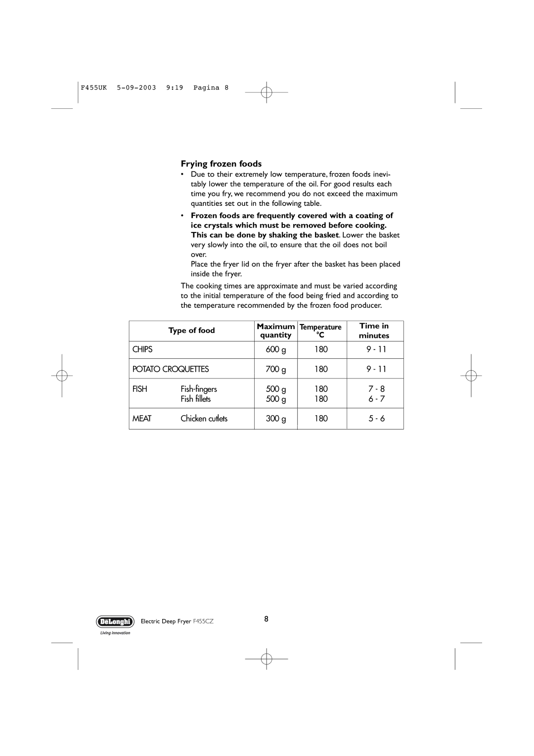 DeLonghi F455 CZ manual Frying frozen foods 