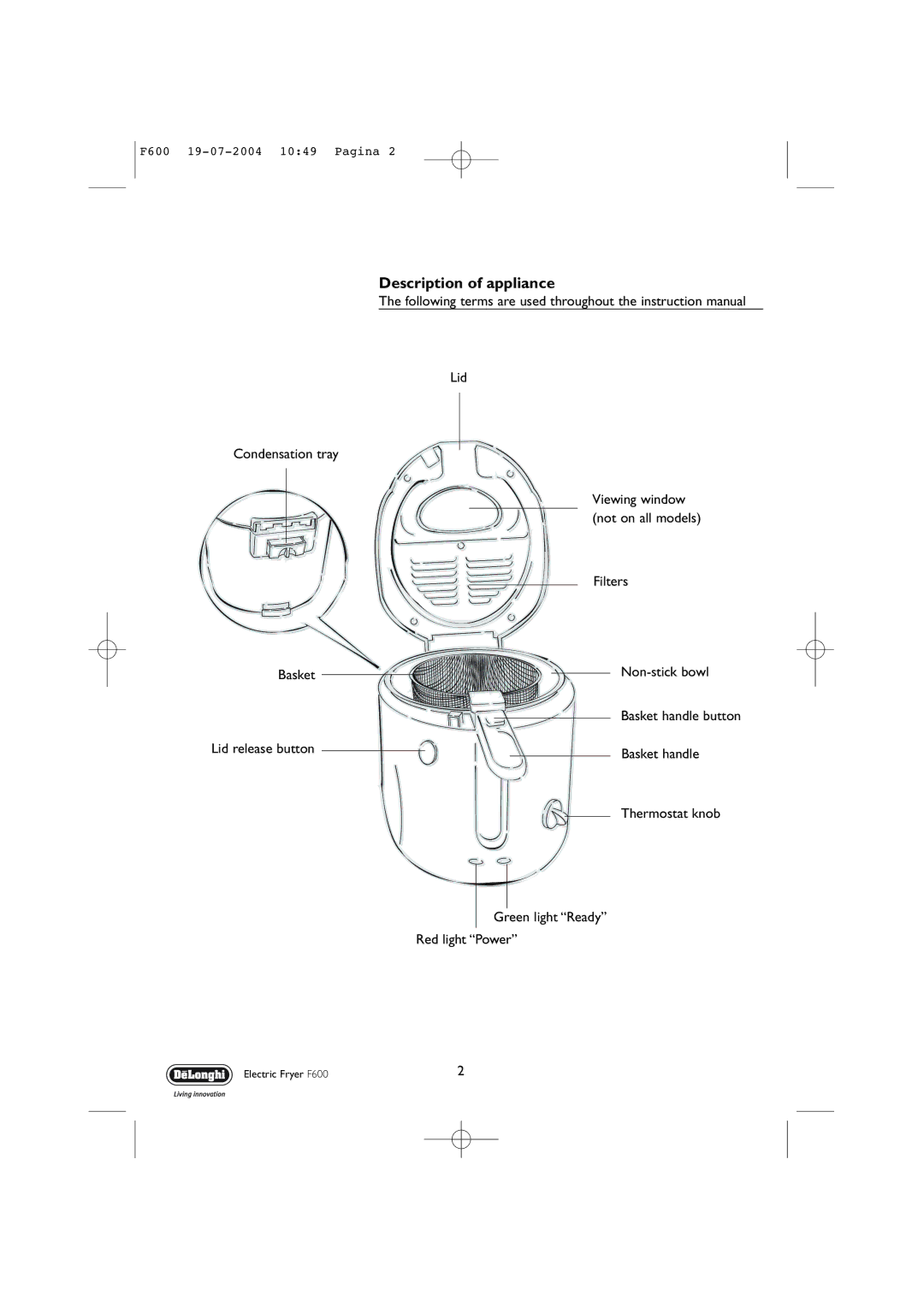 DeLonghi F600 manual Description of appliance 