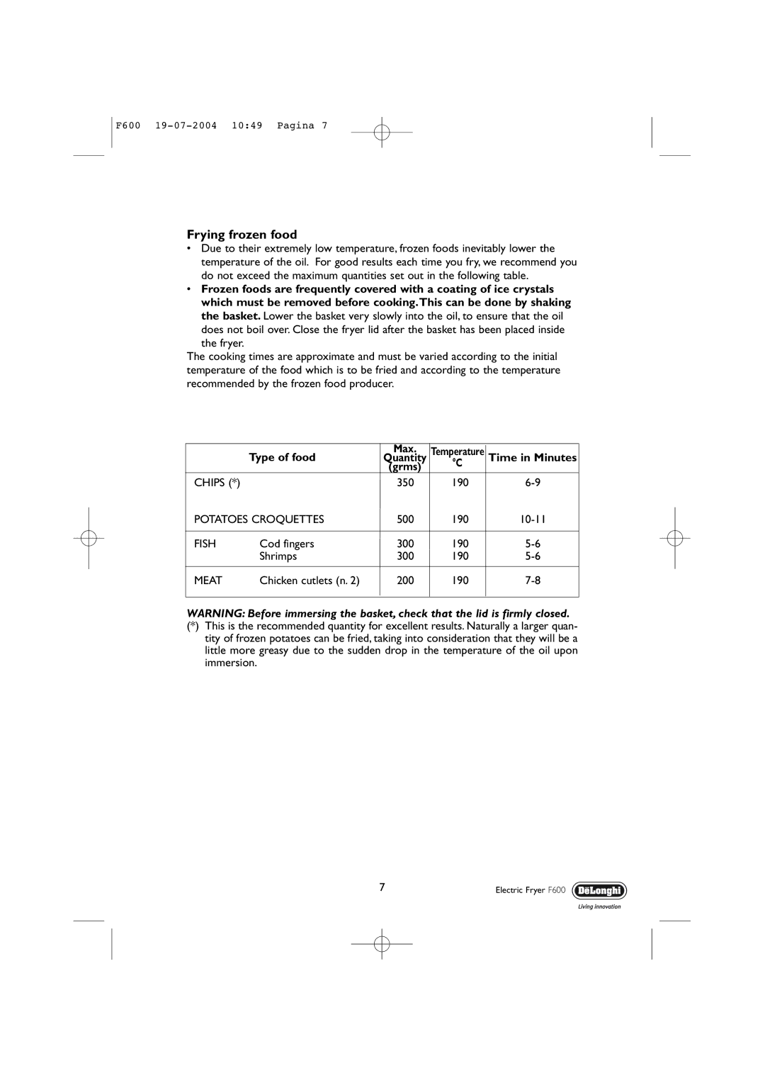 DeLonghi F600 manual Frying frozen food, Chips, Potatoes Croquettes, Fish, Meat 