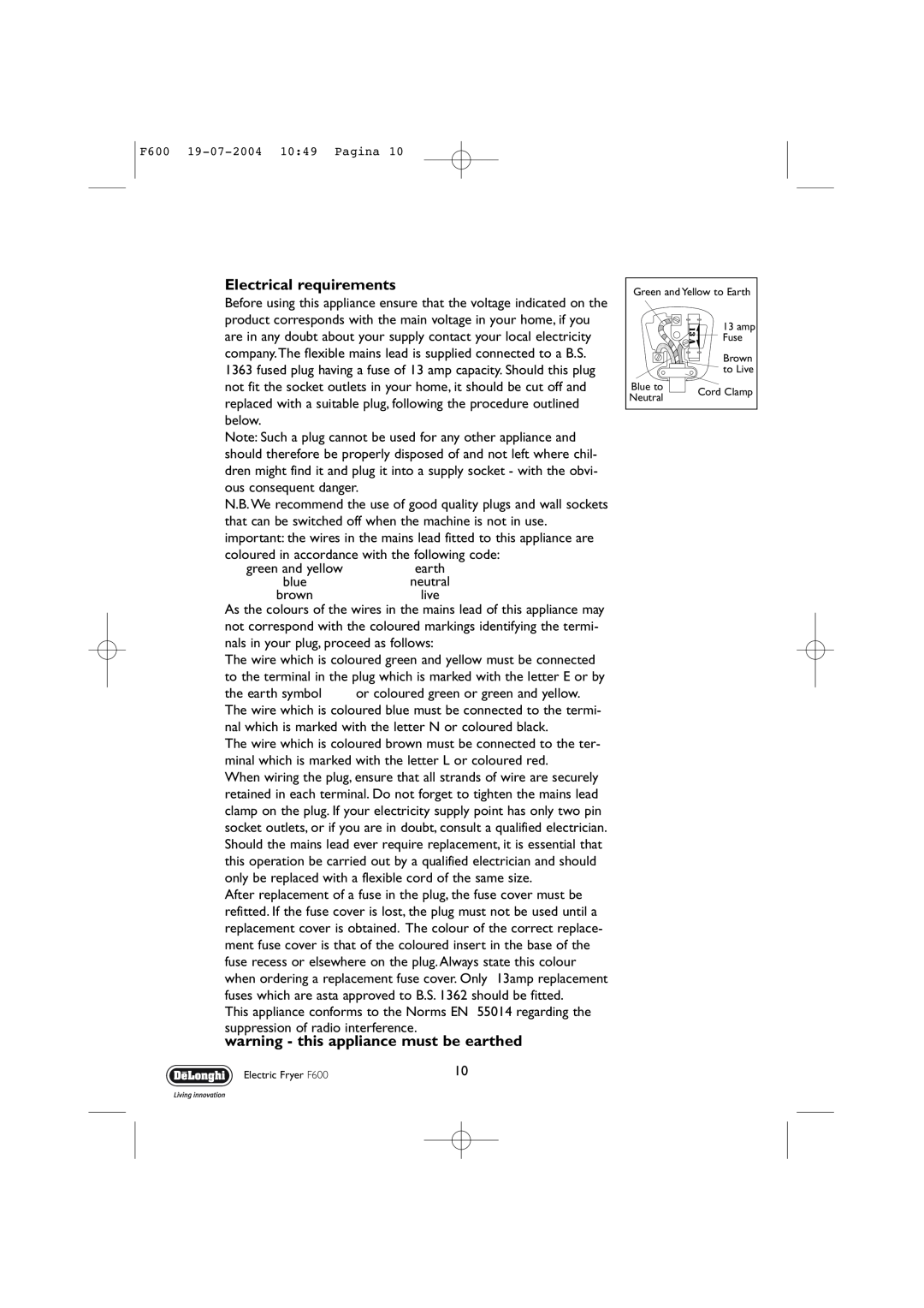 DeLonghi F600 manual Electrical requirements, warning - this appliance must be earthed 