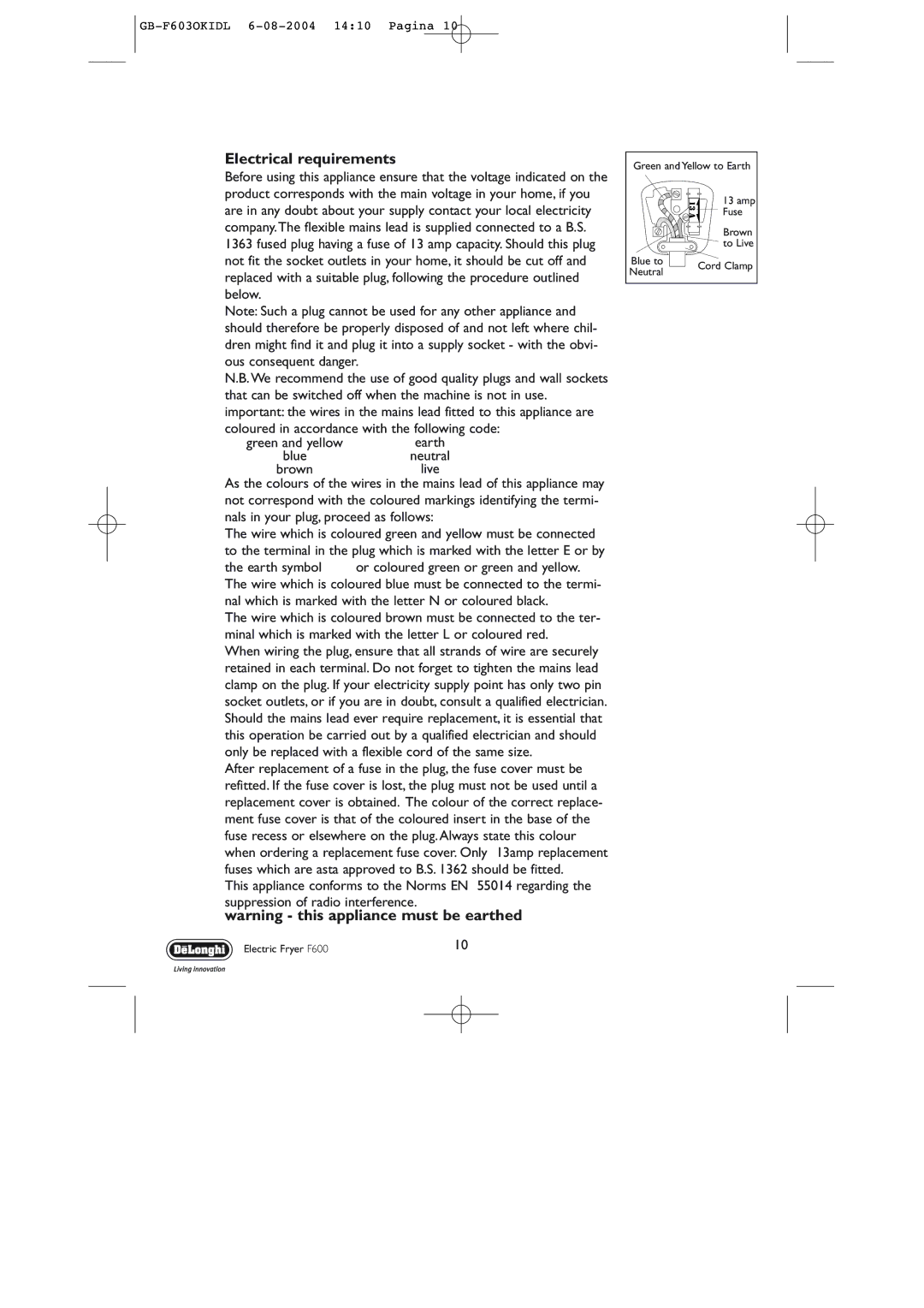 DeLonghi F603 manual Electrical requirements 